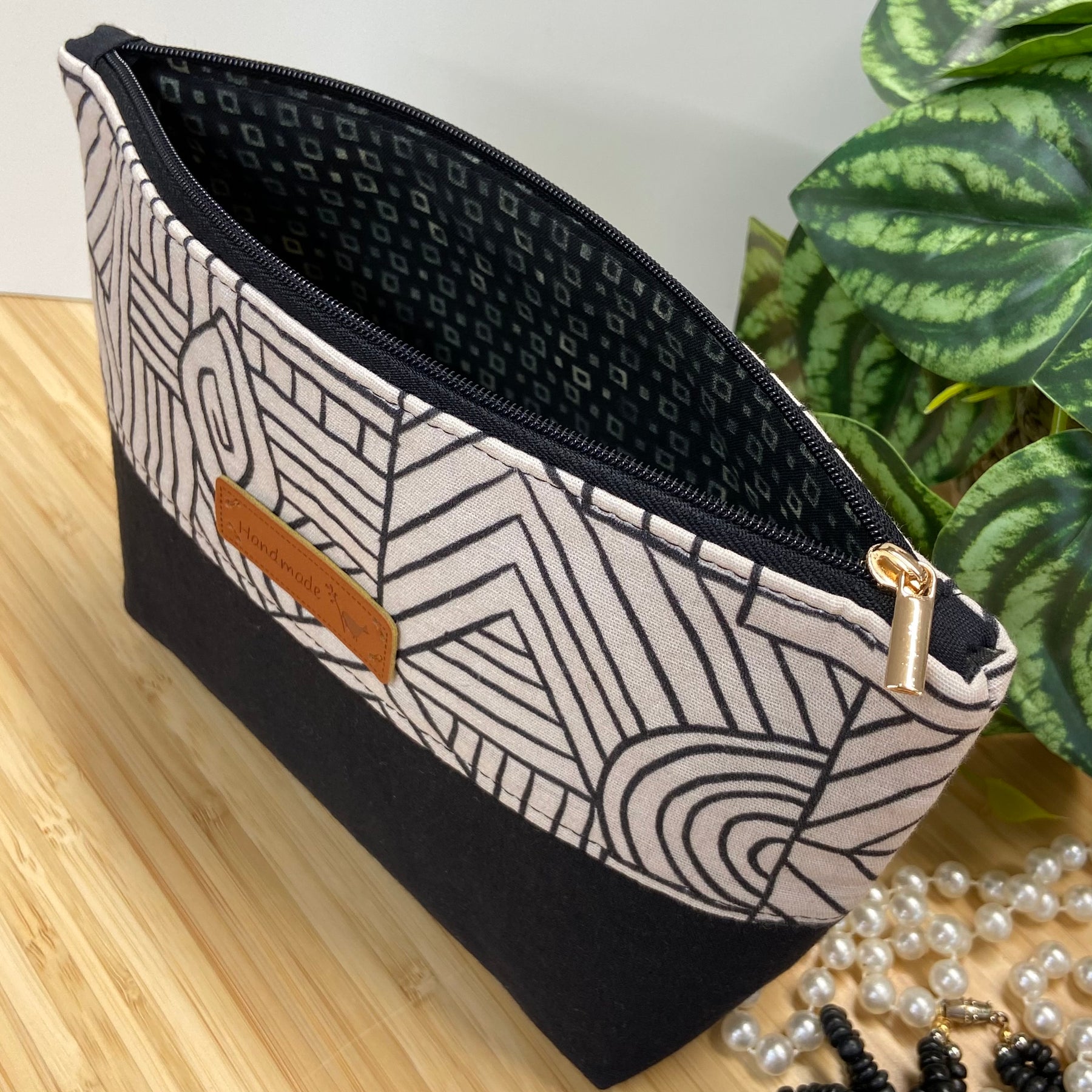Zipper Pouch in Classic Black & Beige Geometric Print