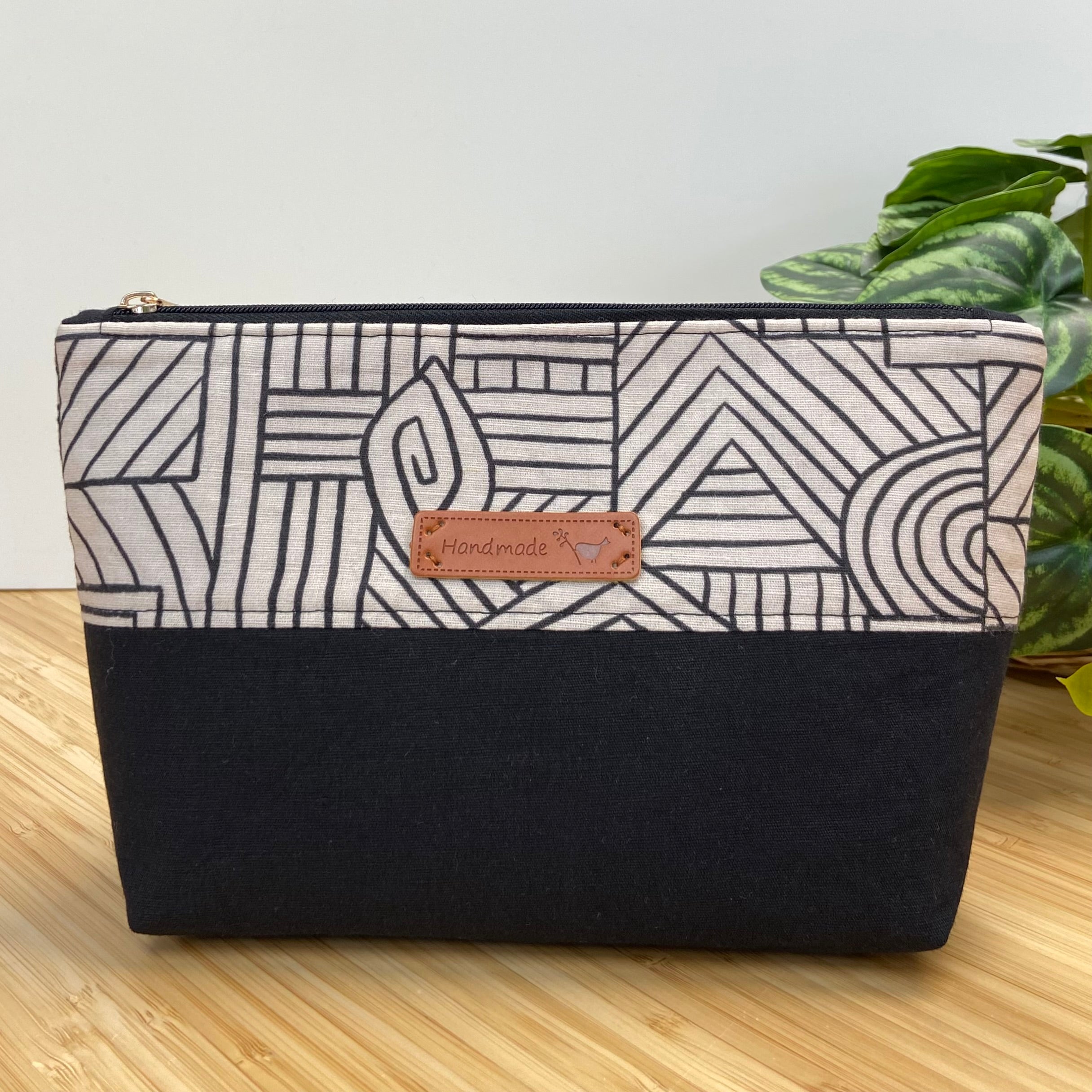 Zipper Pouch in Classic Black & Beige Geometric Print