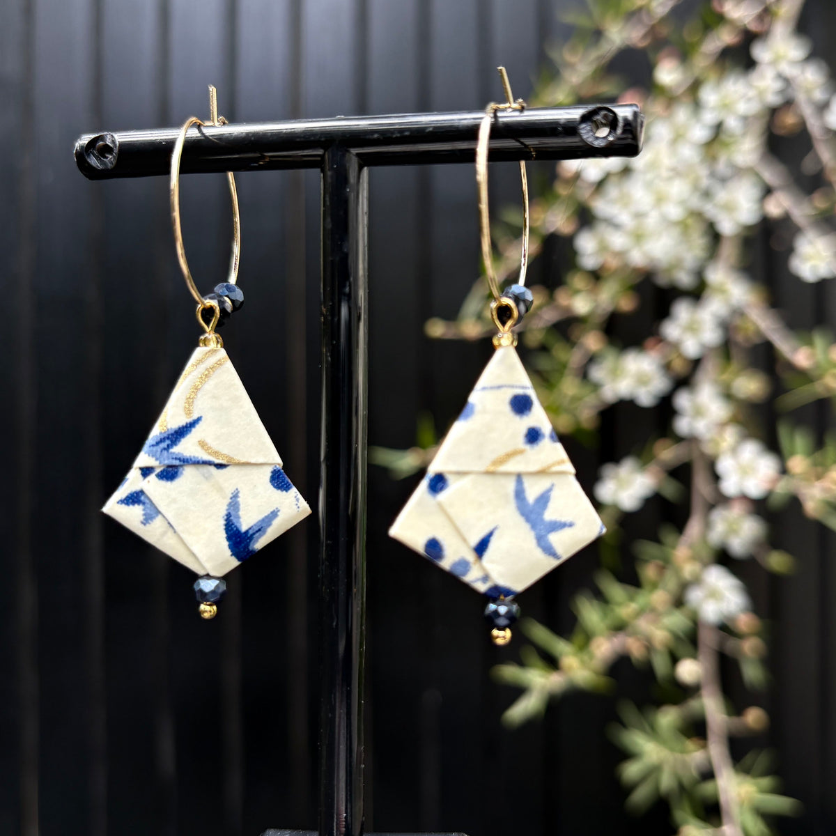 Origami Hoop Earrings – Blue and Gold Autumn Leaves on Japanese paper