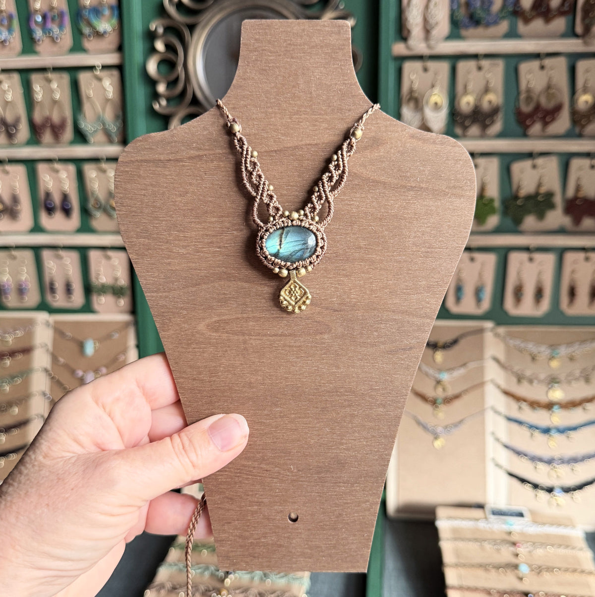 Macrame Oblong Labradorite Necklace with Brass Charm