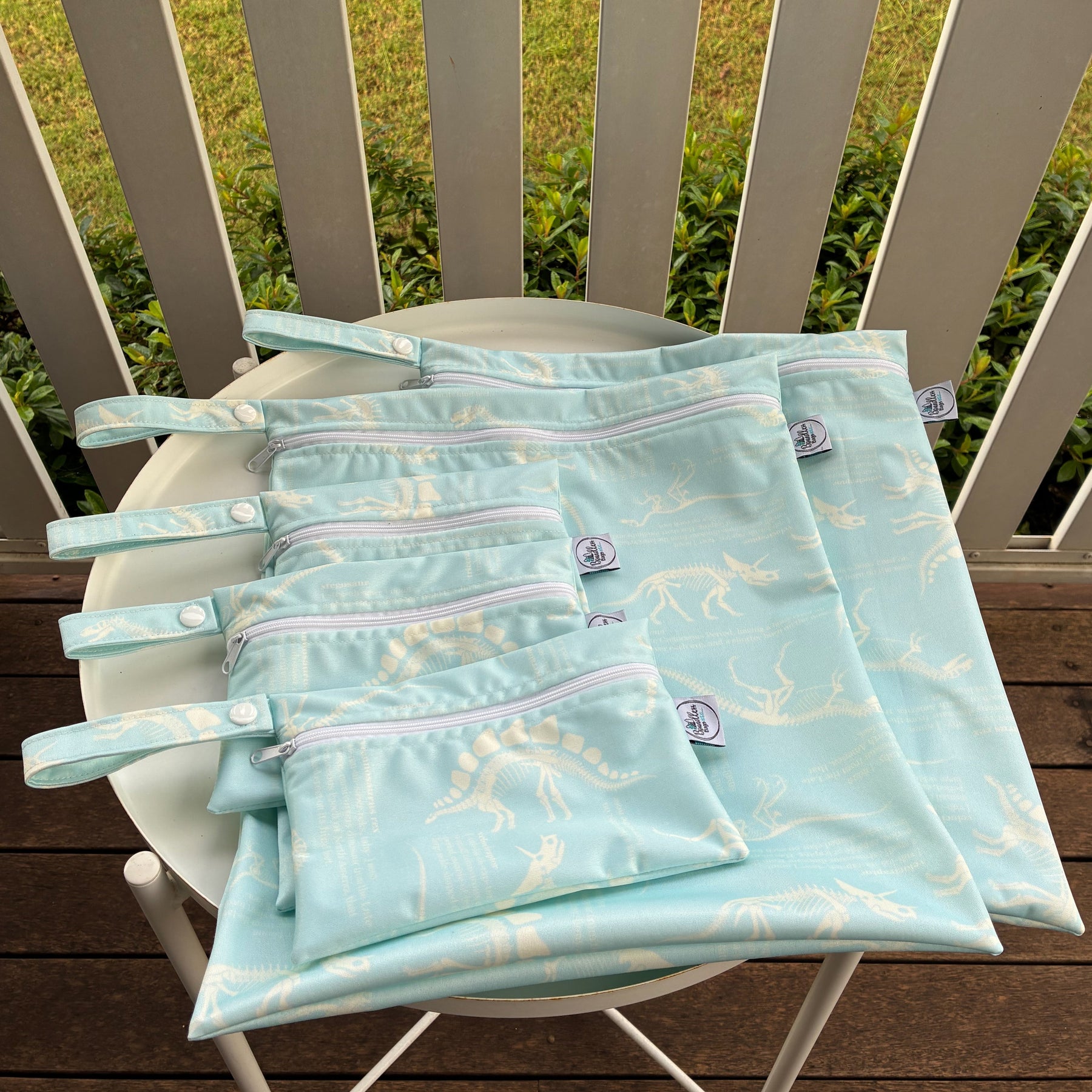 READY MADE Water-resistant wet bags - Dino Definitions Light Blue (iwi Designs)  | Ready to ship | FREE Postage