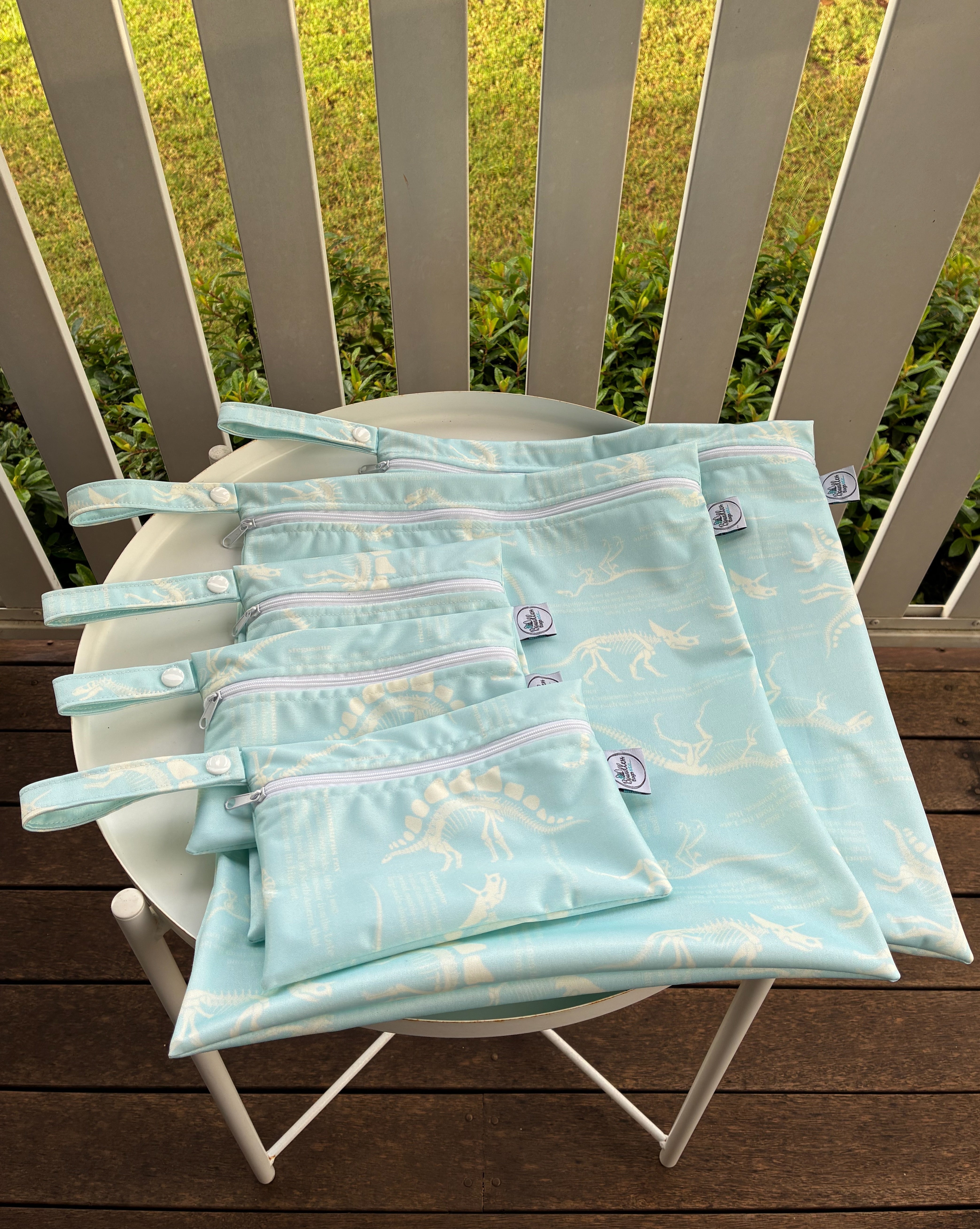 READY MADE Water-resistant wet bags - Dino Definitions Light Blue (iwi Designs)  | Ready to ship | FREE Postage