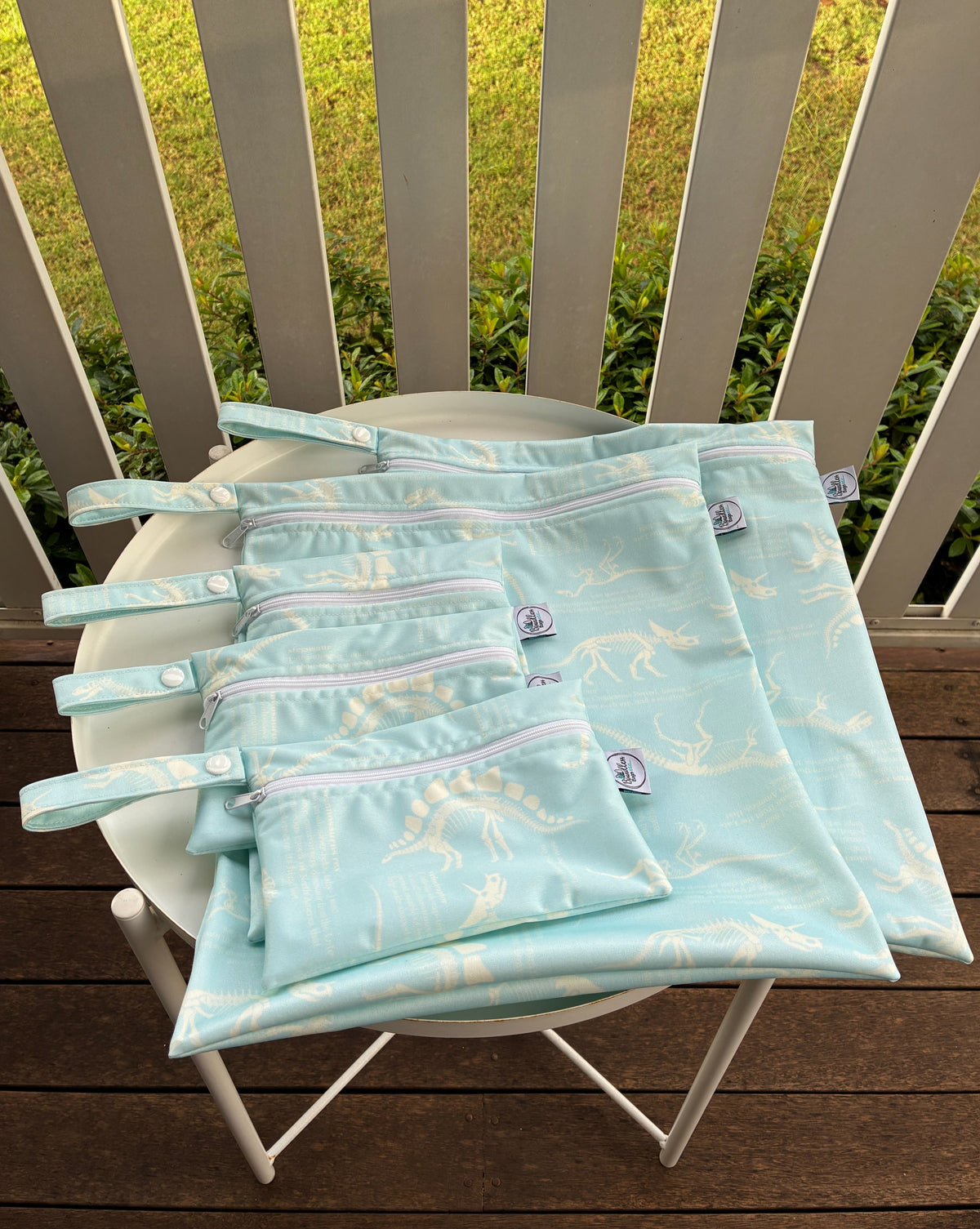 READY MADE Water-resistant wet bags - Dino Definitions Light Blue (iwi Designs)