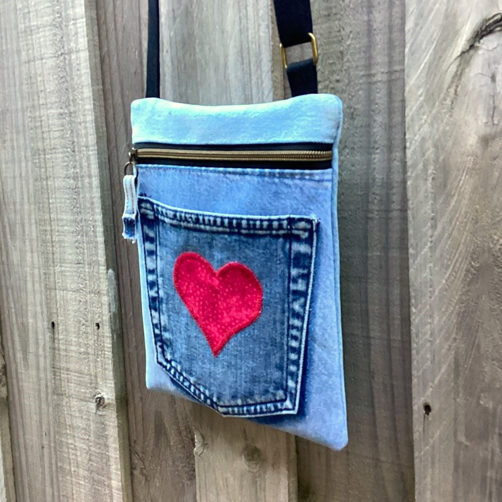 Cross Body Denim Bag - Pocket Red Heart