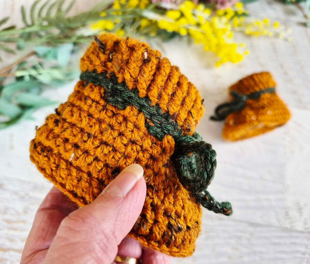 Baby Booties | Mustard Tweed | Newborn | Crochet | Knit | Shoes | Socks