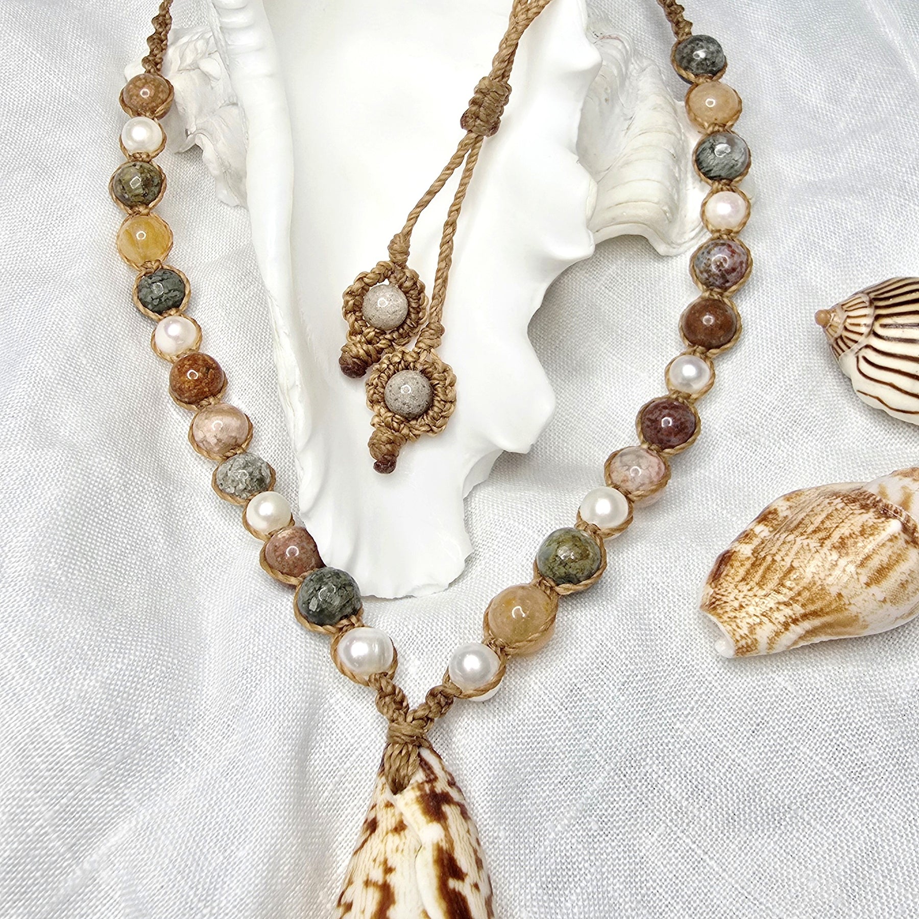 Cone Shell with Rare Ocean Agate & Pearl Necklace