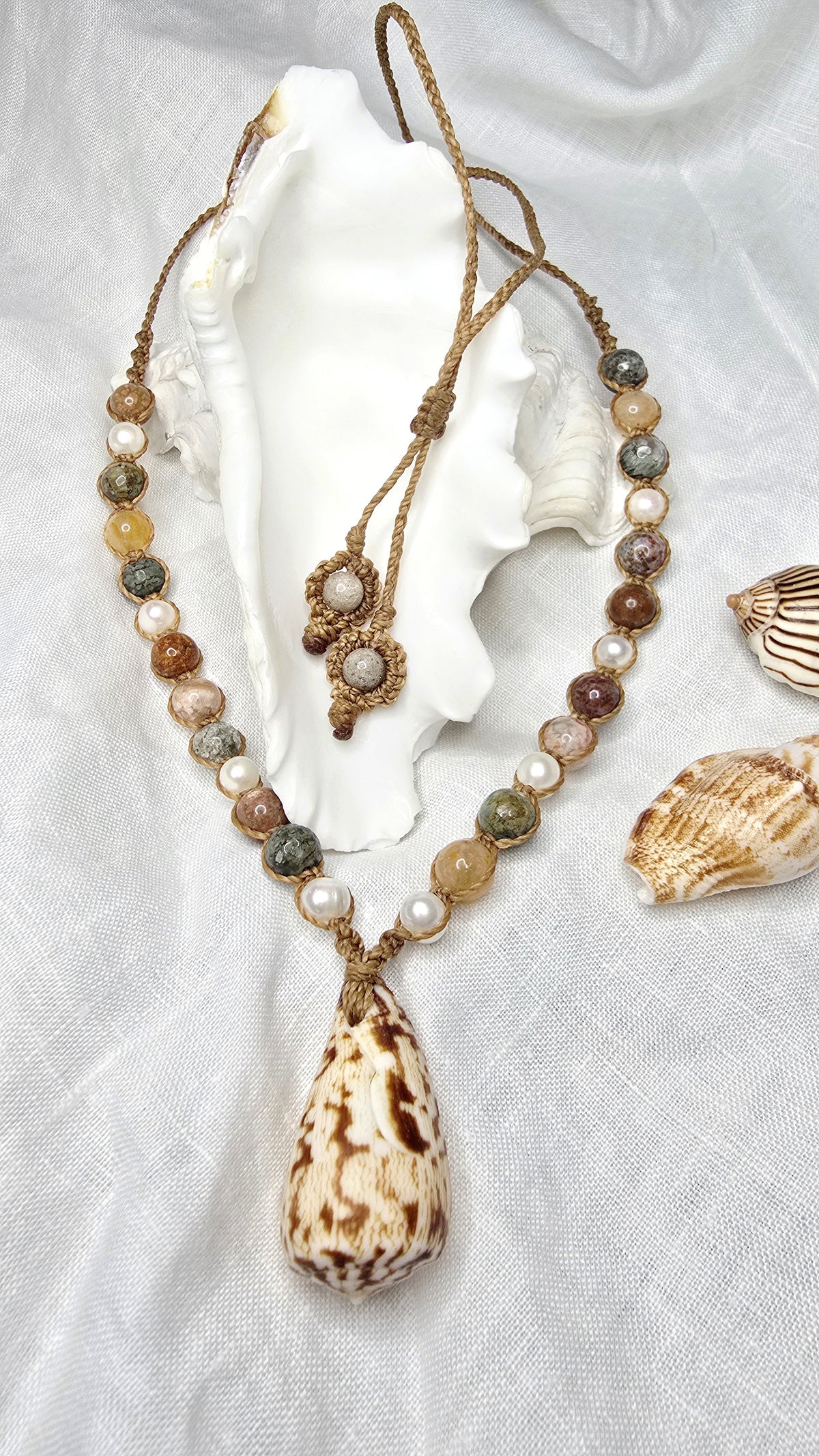Cone Shell with Rare Ocean Agate & Pearl Necklace