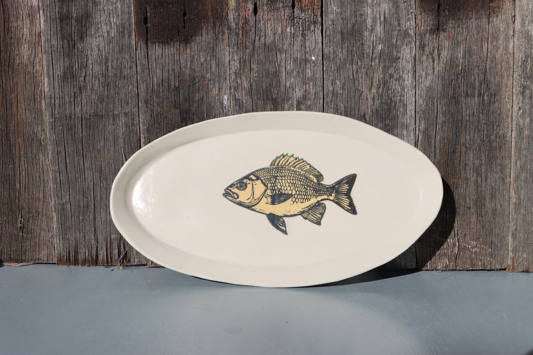 Hand Screen Printed Stoneware Plate:  Fish Design, Yellow and Black, or Black on White, Clear Glaze