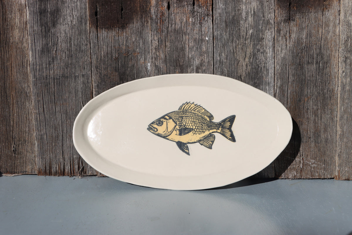 Hand Screen Printed Stoneware Plate:  Fish Design, Yellow and Black, or Black on White, Clear Glaze