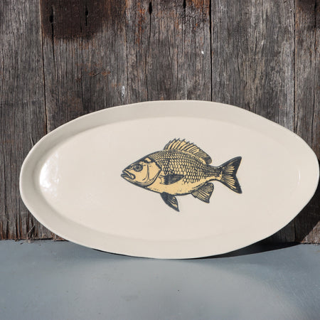 Hand Screen Printed Stoneware Plate:  Fish Design, Yellow and Black, or Black on White, Clear Glaze