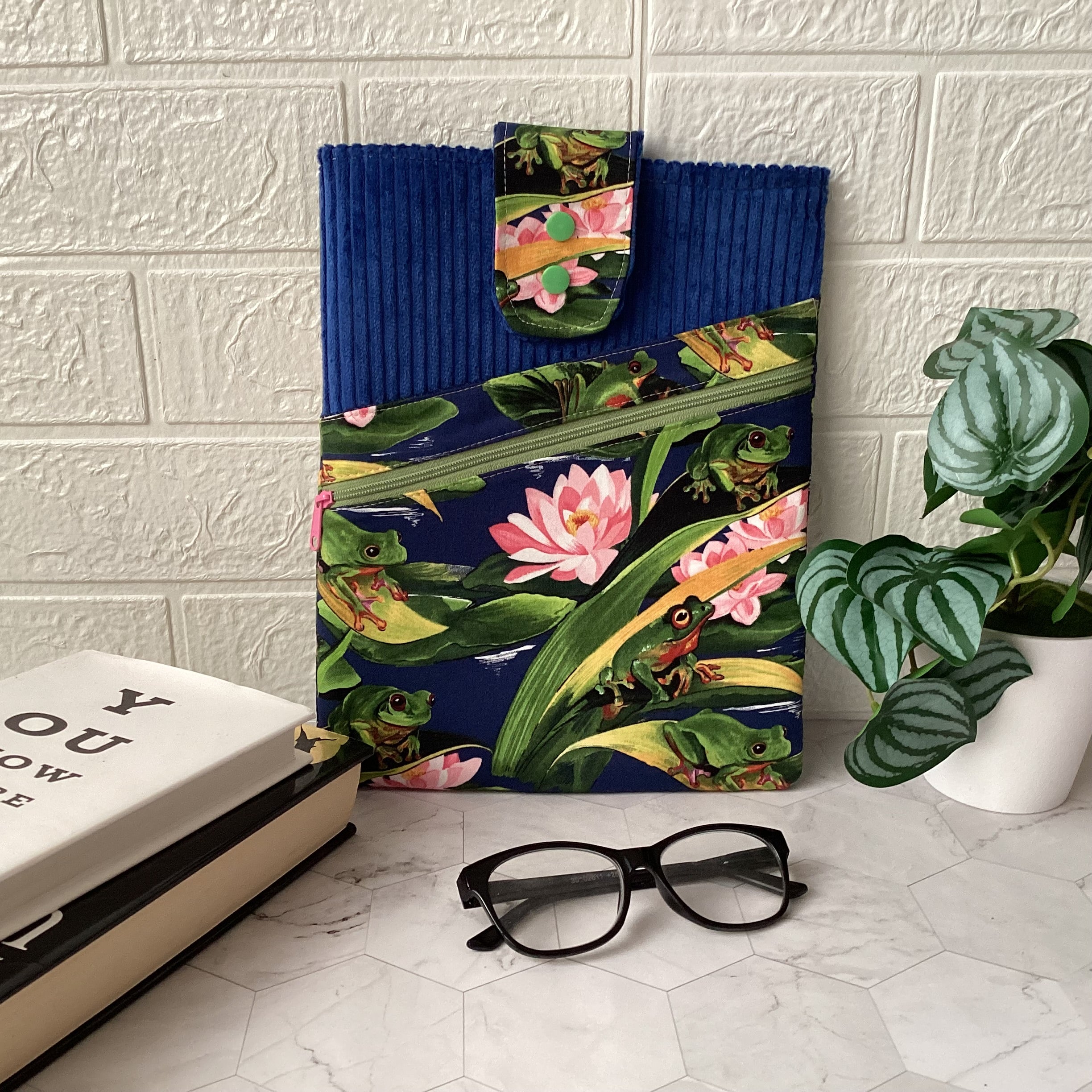 Frogs fabric book sleeve with 2 pockets. iPad, tablet pouch
