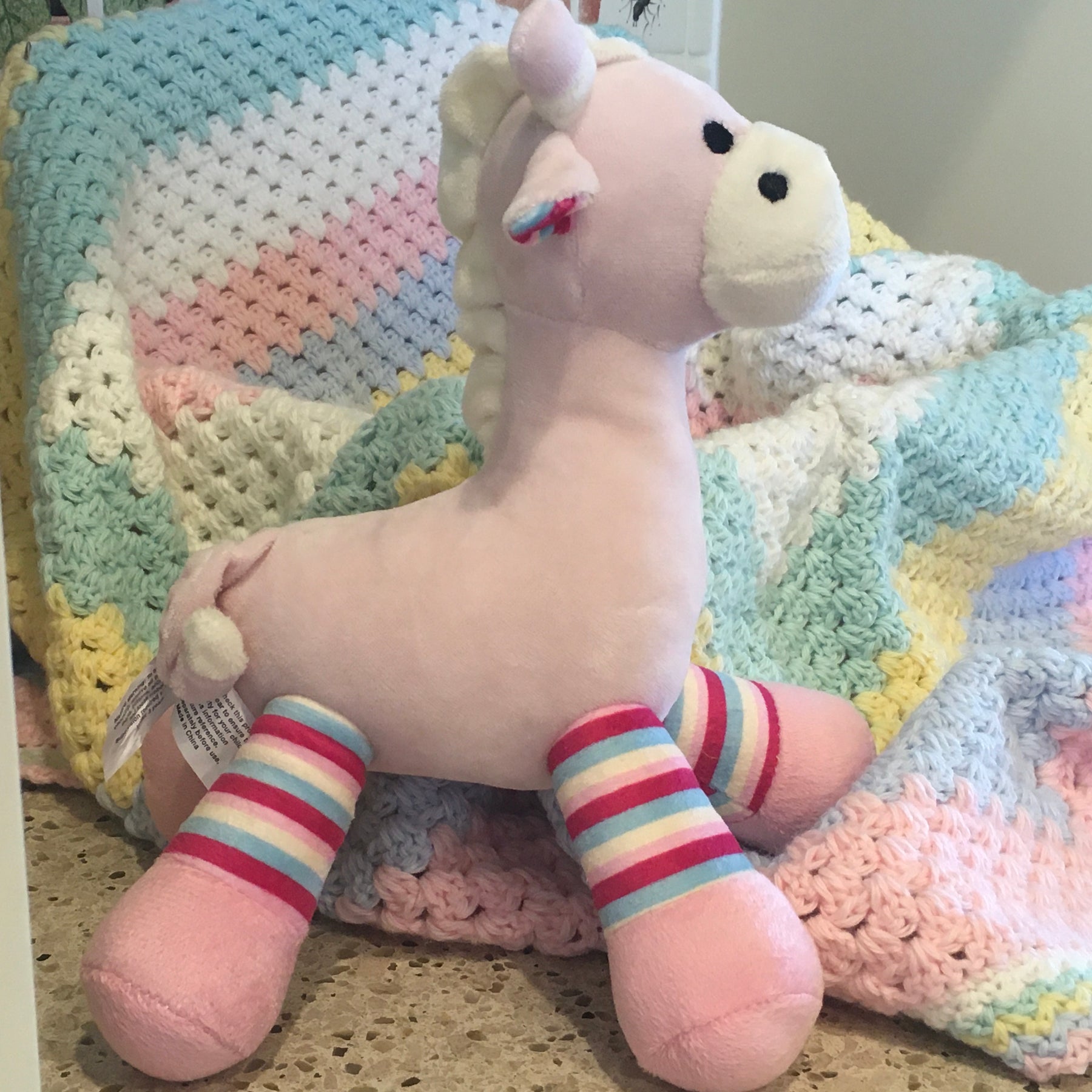 Pastel Rainbow Multi Coloured Granny Square Baby Cot or Pram Blanket