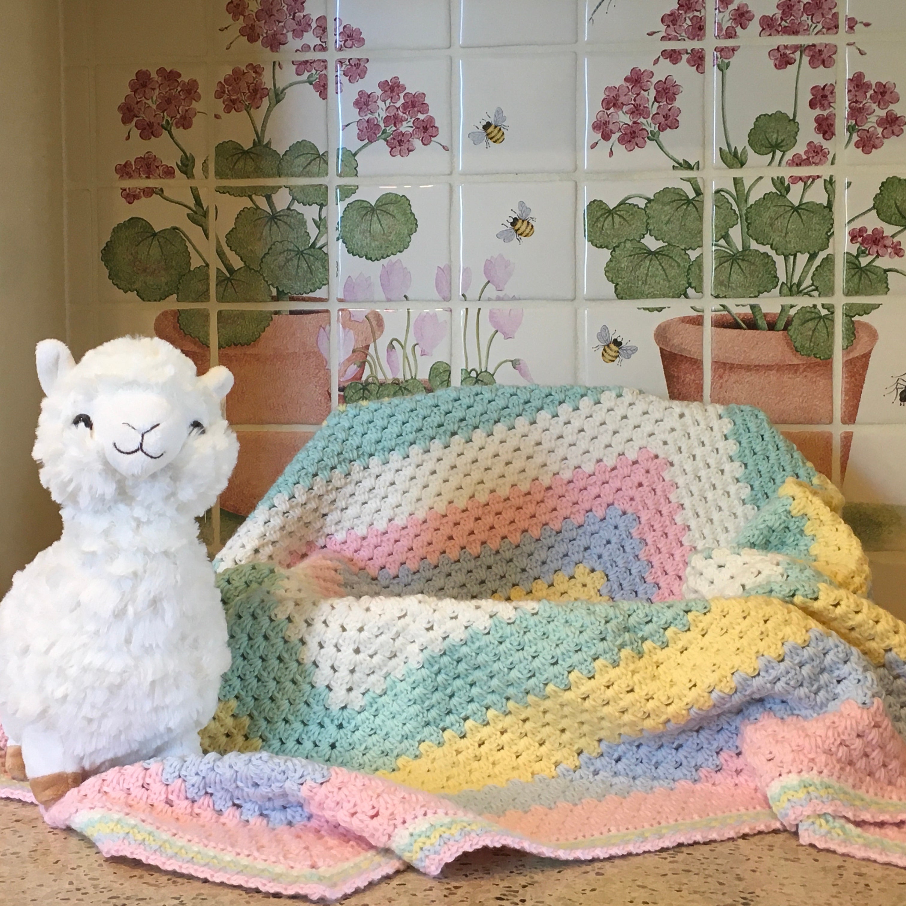 Pastel Rainbow Multi Coloured Granny Square Baby Cot or Pram Blanket