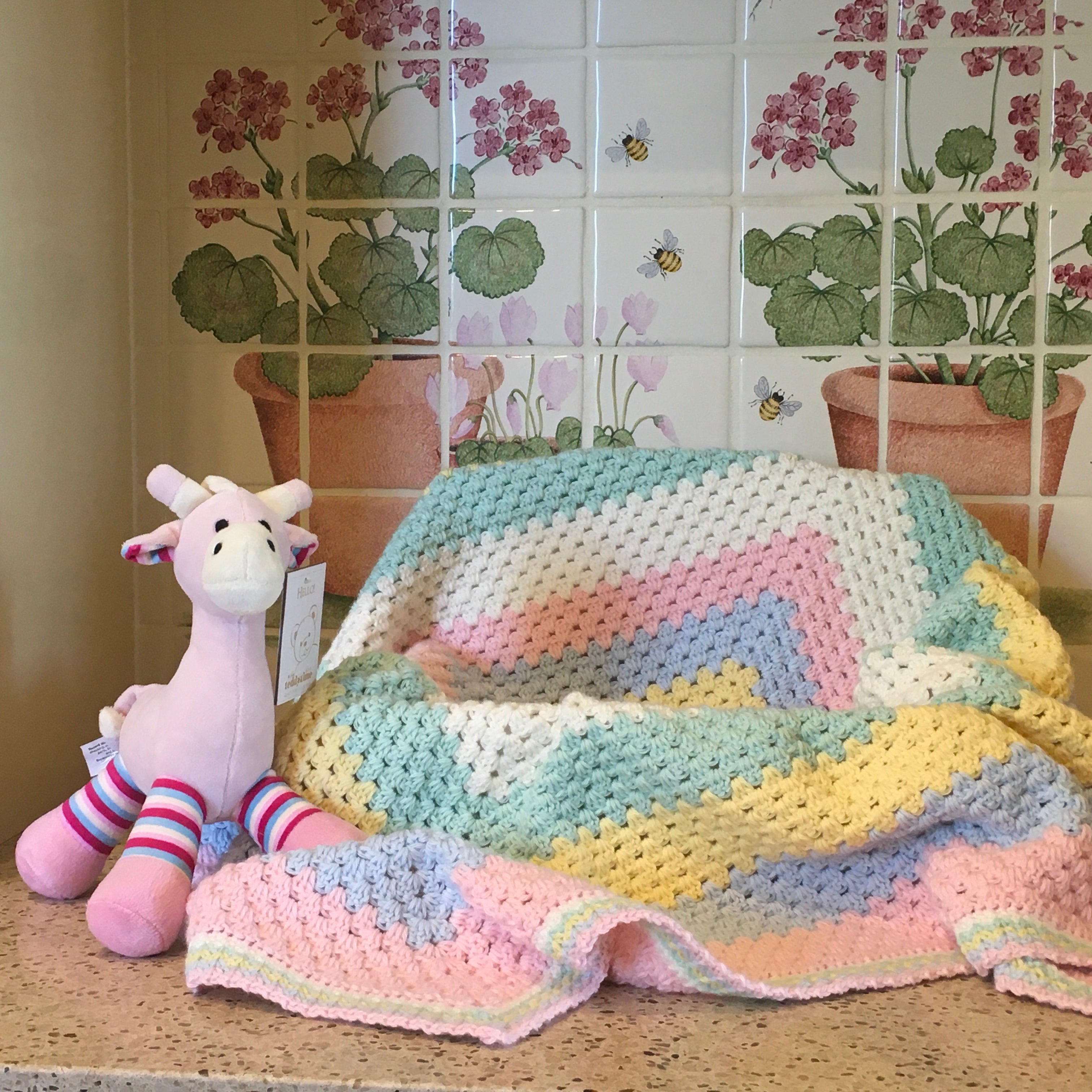 Pastel Rainbow Multi Coloured Granny Square Baby Cot or Pram Blanket