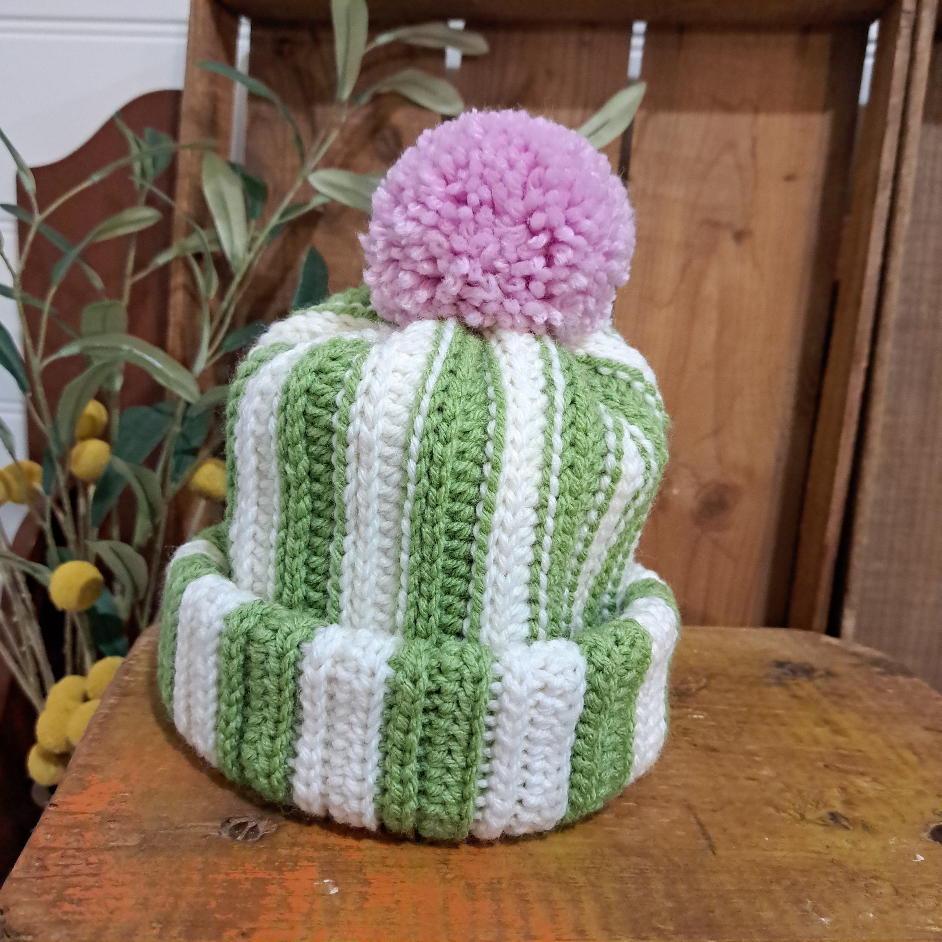 Crochet beanie/ green and white stripe/ pink pompom