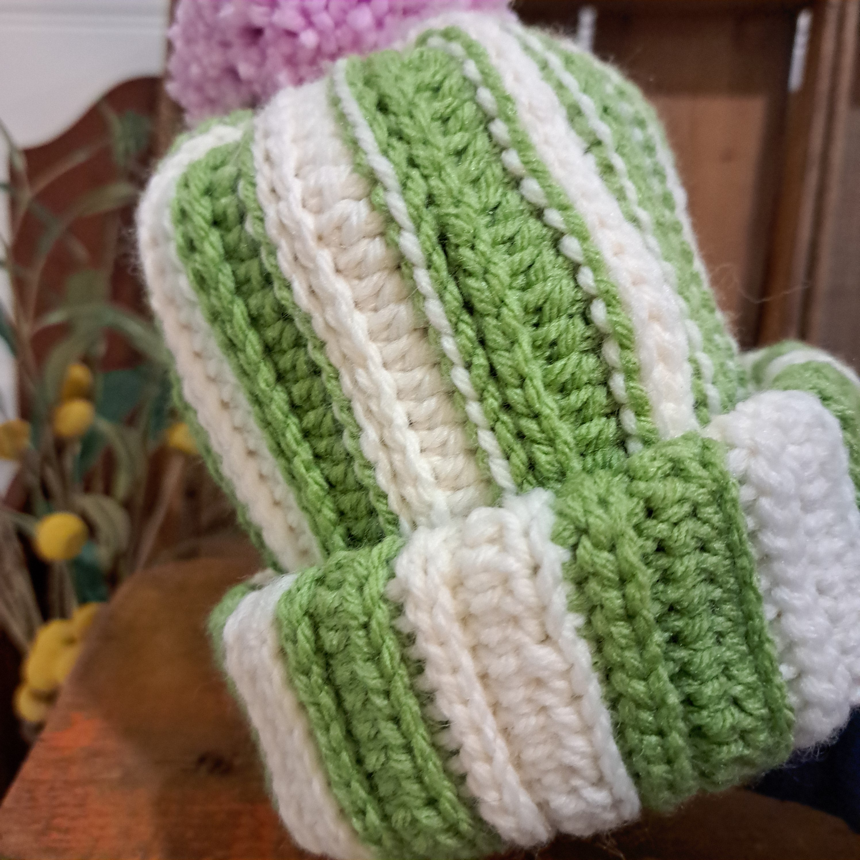 Crochet beanie/ green white stripe beanie/ pink pompom