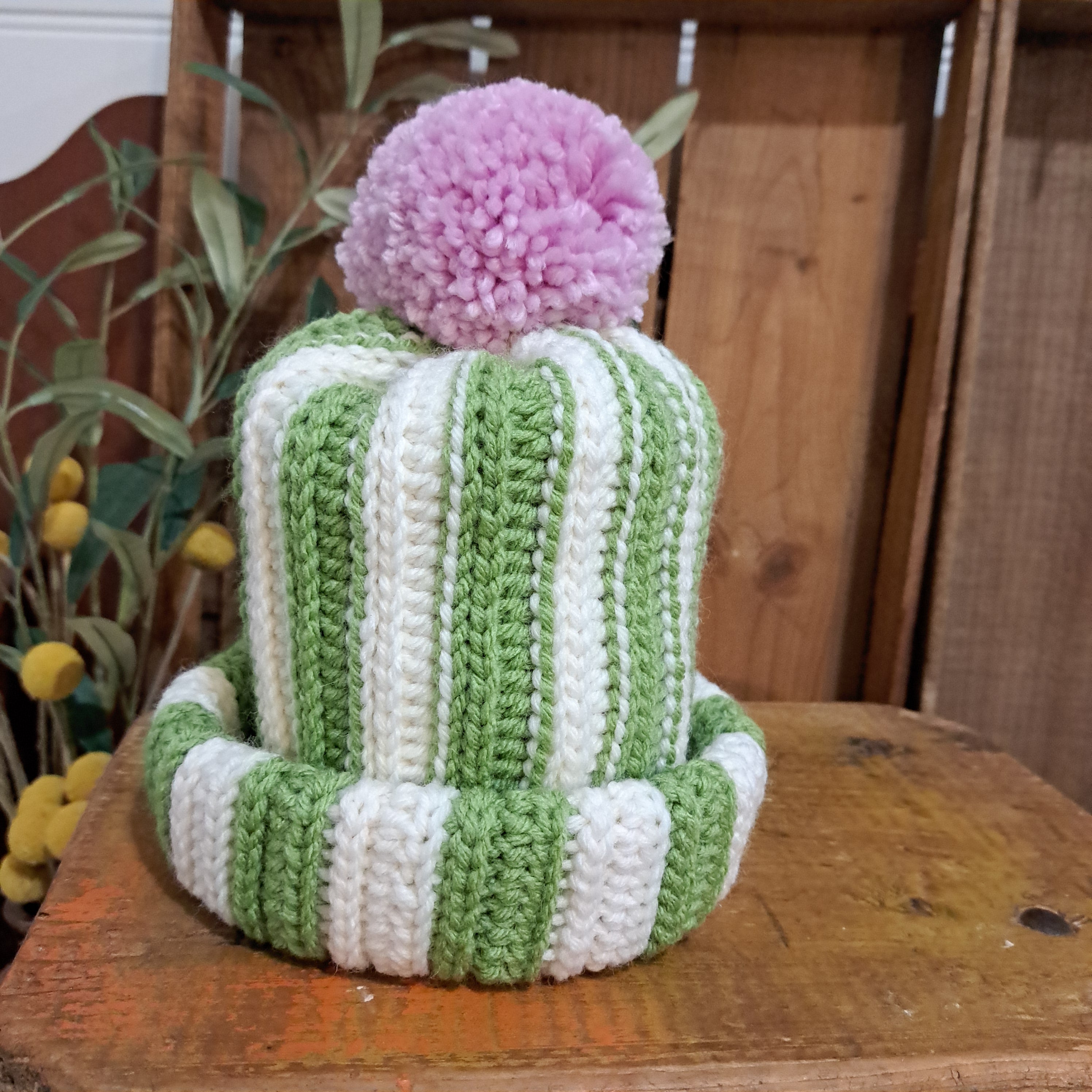 Crochet beanie/ green and white stripe/ pink pompom