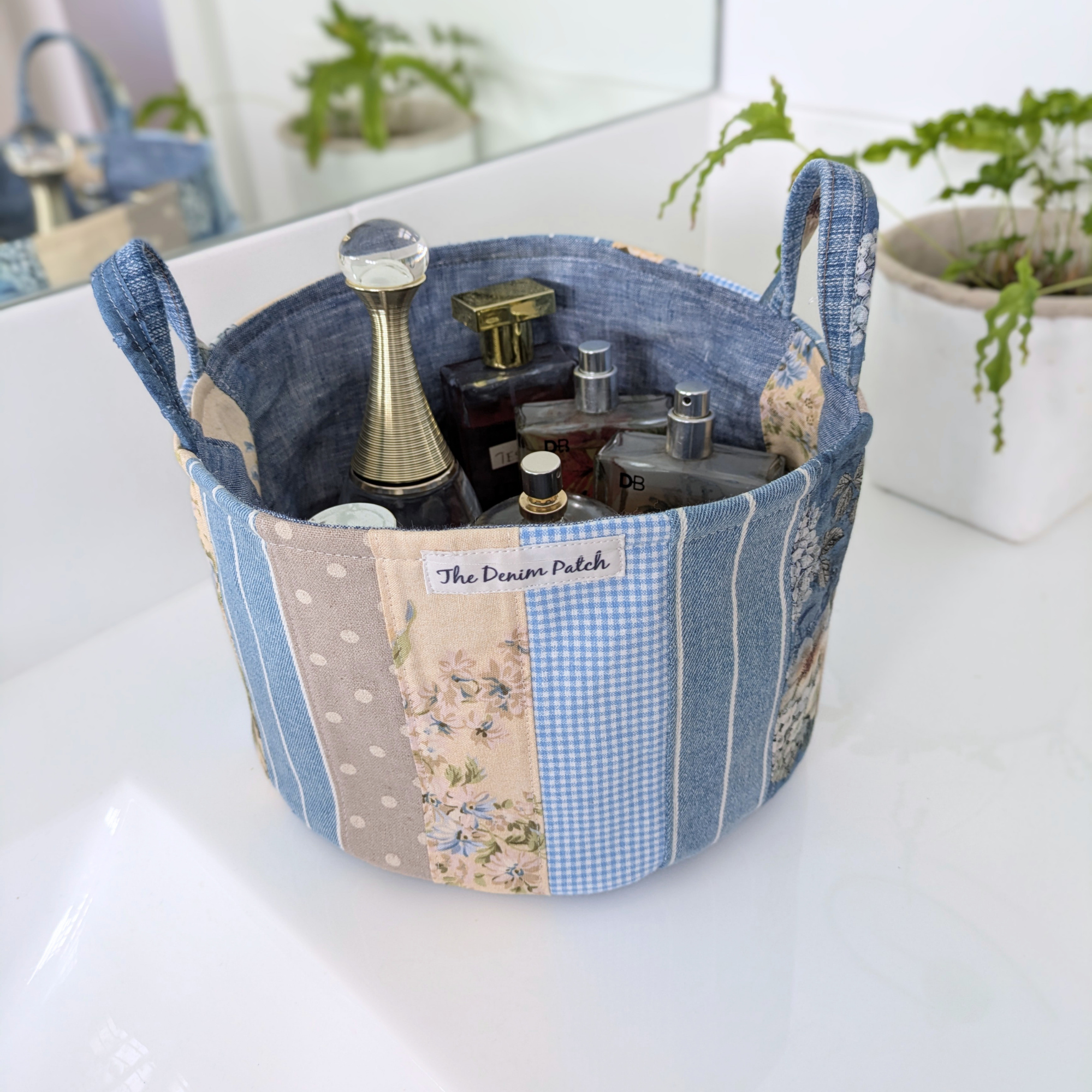 Upcycled Denim, Drawstring Bag, Storage Basket, Blue, Beige