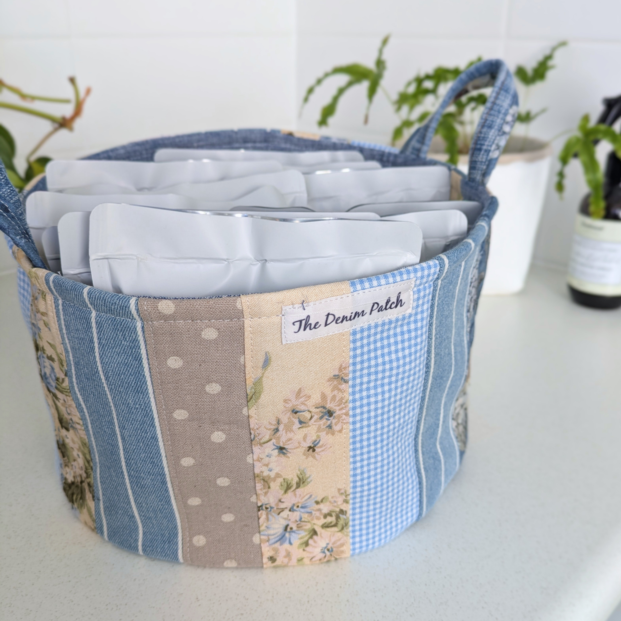 Upcycled Denim, Drawstring Bag, Storage Basket, Blue, Beige