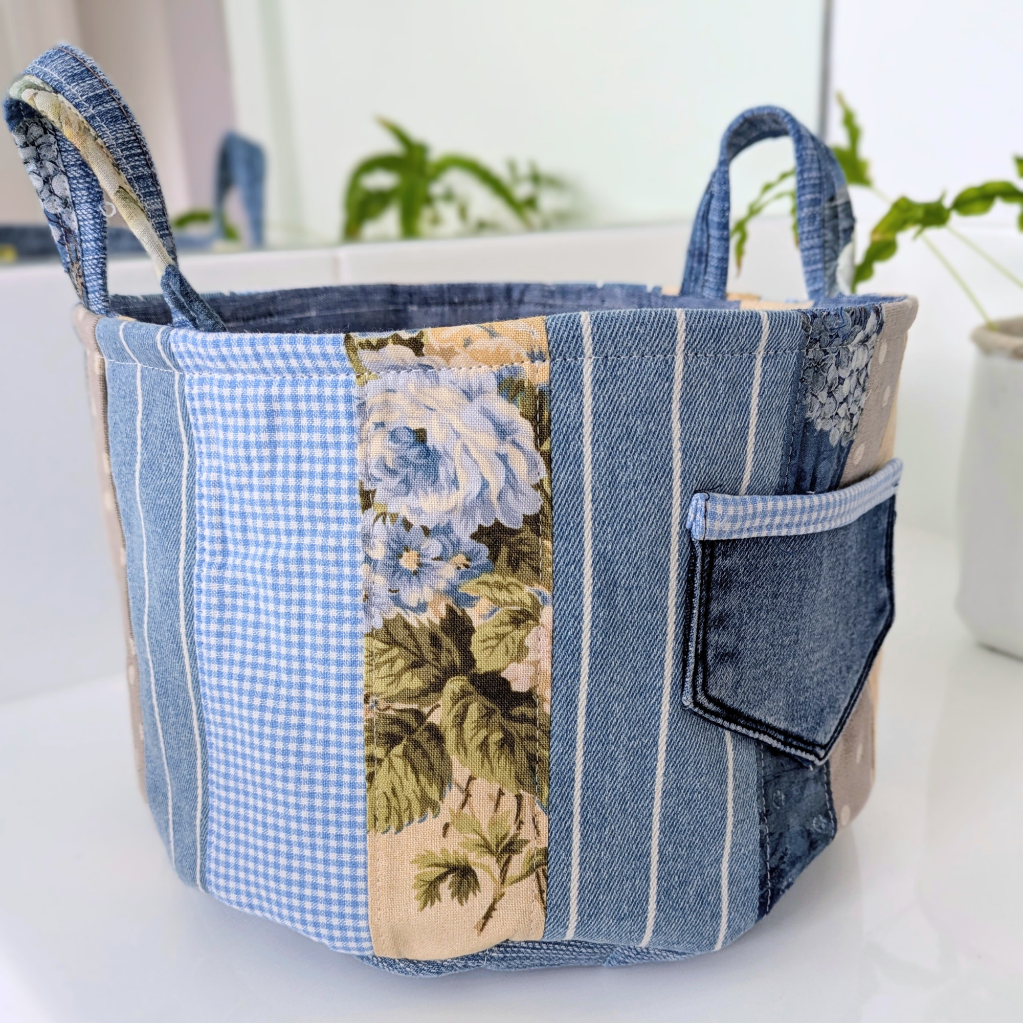 Upcycled Denim, Drawstring Bag, Storage Basket, Blue, Beige