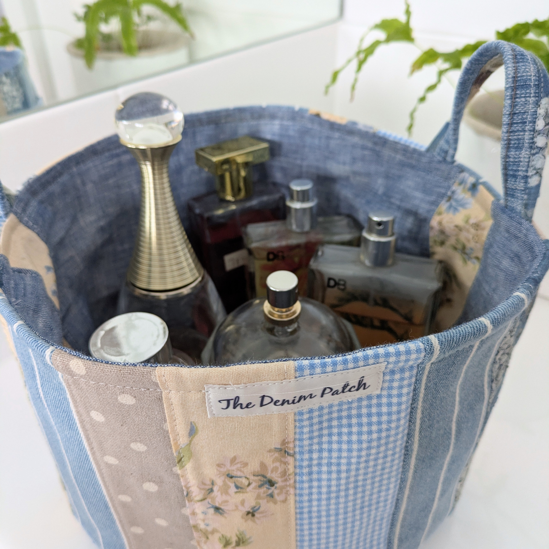 Upcycled Denim, Drawstring Bag, Storage Basket, Blue, Beige