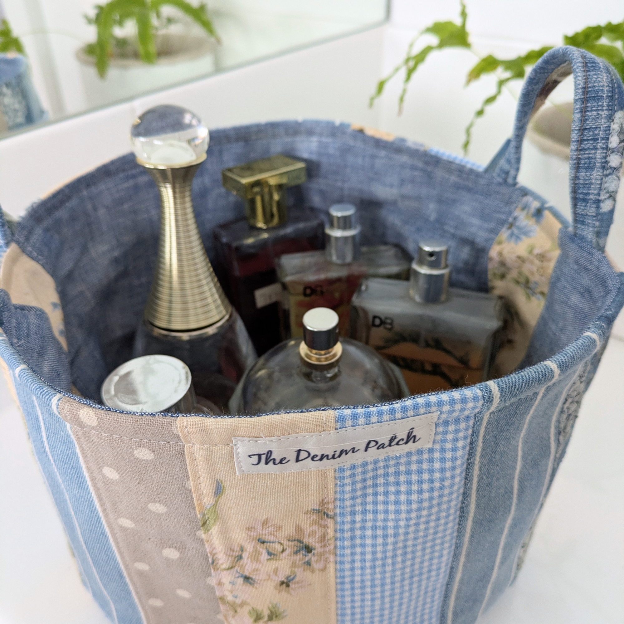 Upcycled Denim, Drawstring Bag, Storage Basket, Blue, Beige