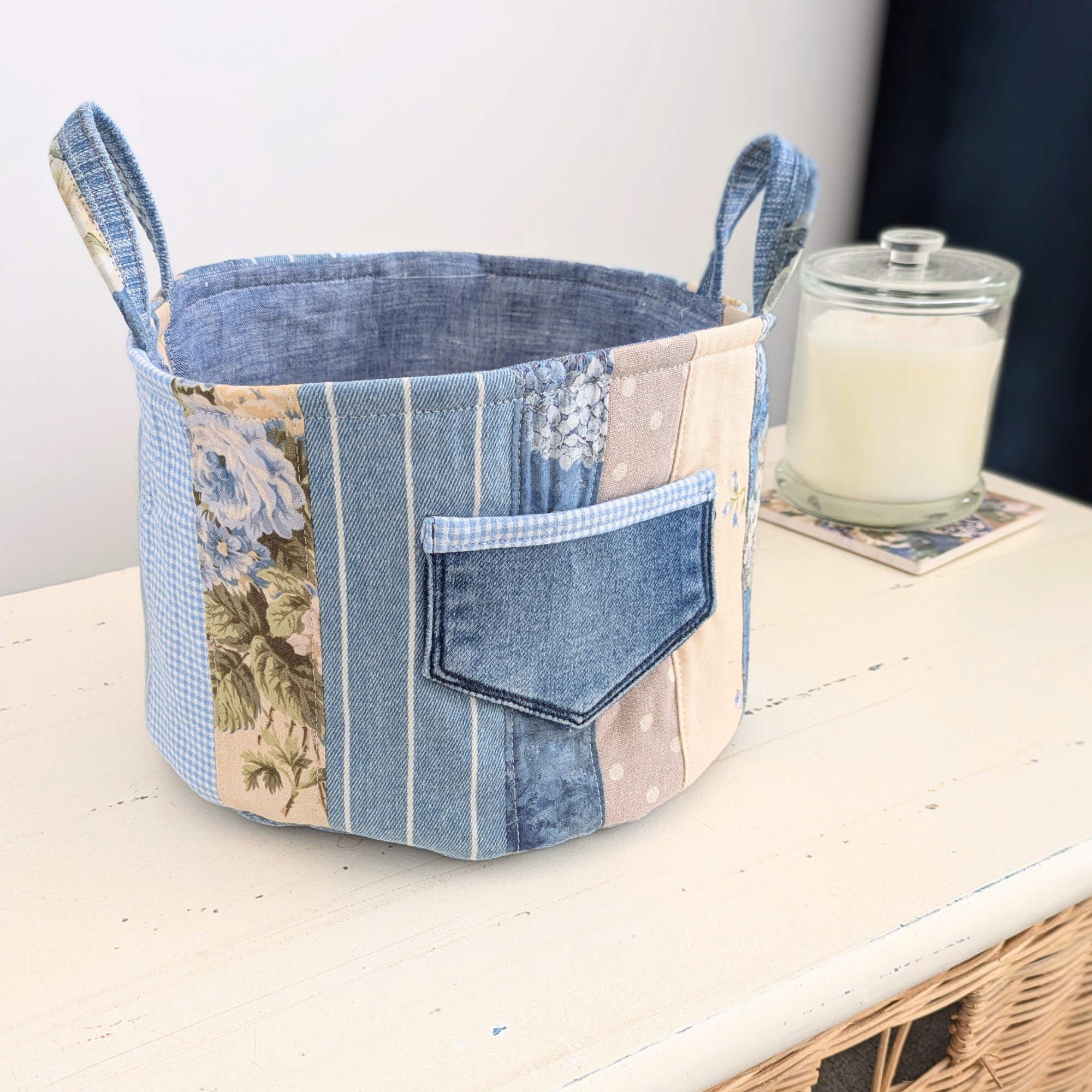 Upcycled Denim, Drawstring Bag, Storage Basket, Blue, Beige