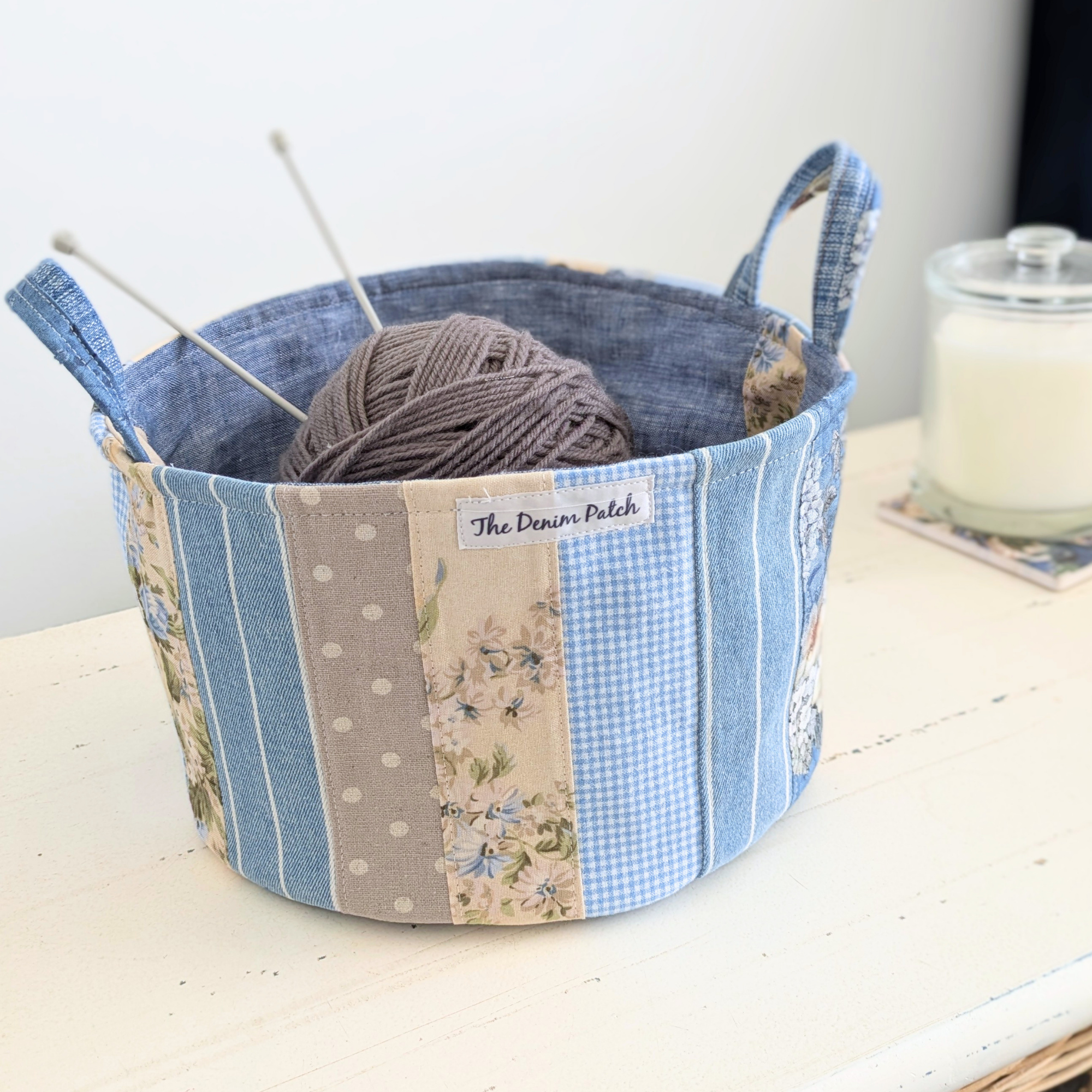 Upcycled Denim, Drawstring Bag, Storage Basket, Blue, Beige