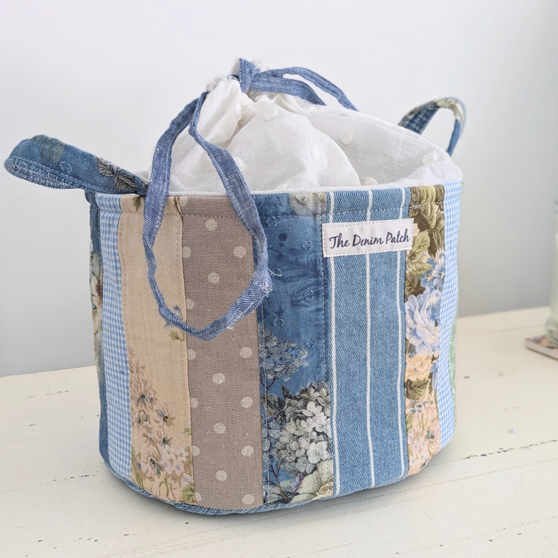 Upcycled Denim, Drawstring Bag, Storage Basket, Blue, Beige