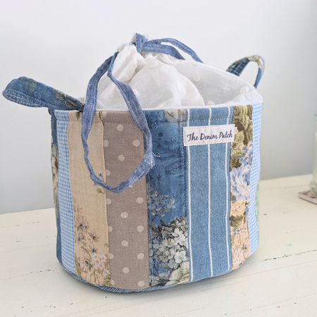 Upcycled Denim, Drawstring Bag, Storage Basket, Blue, Beige