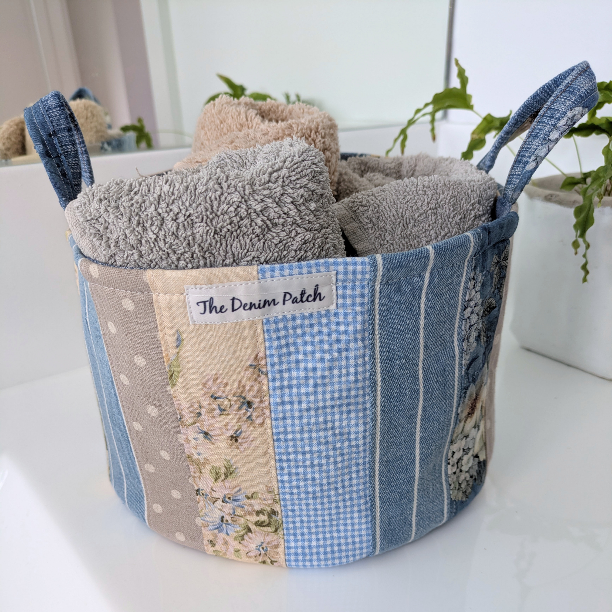 Upcycled Denim, Drawstring Bag, Storage Basket, Blue, Beige