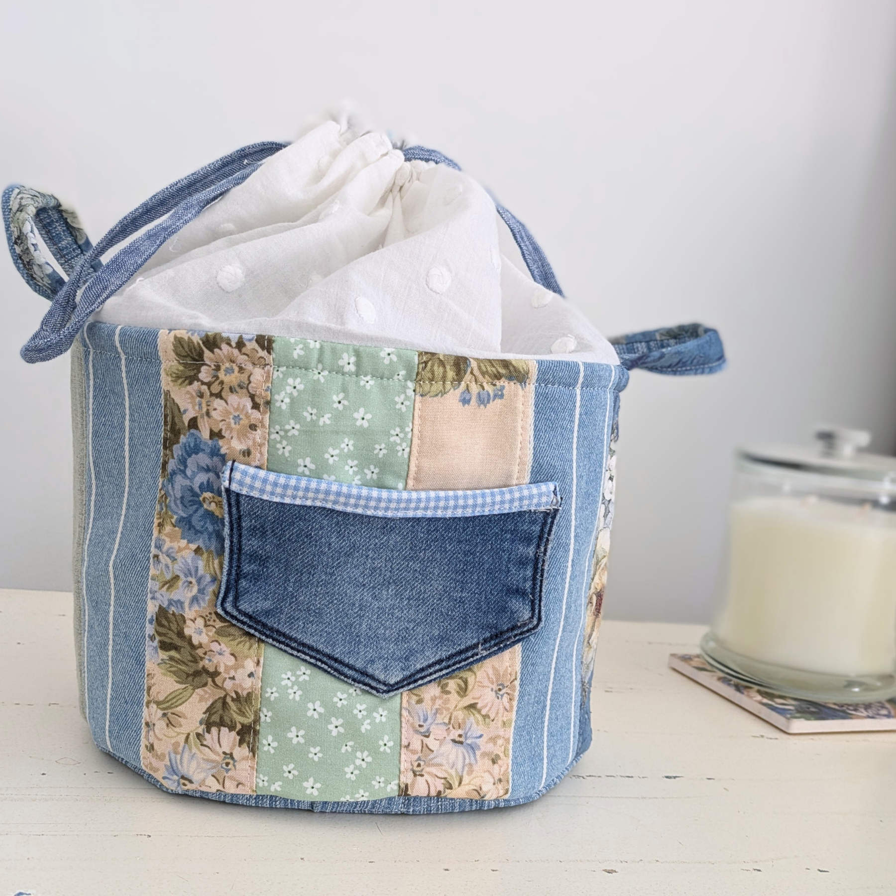 Upcycled Denim, Drawstring Bag, Storage Basket, Blue, Beige