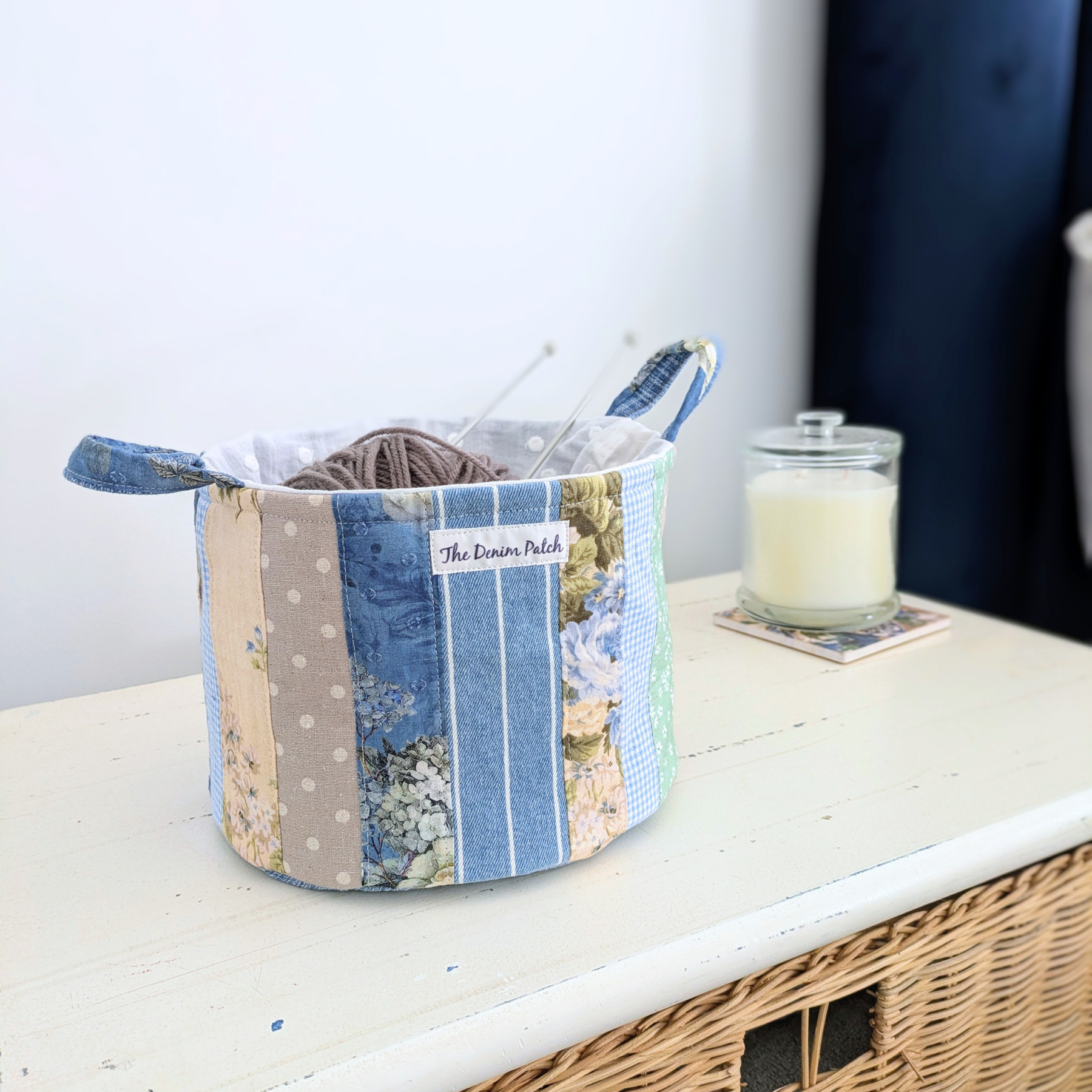 Upcycled Denim, Drawstring Bag, Storage Basket, Blue, Beige