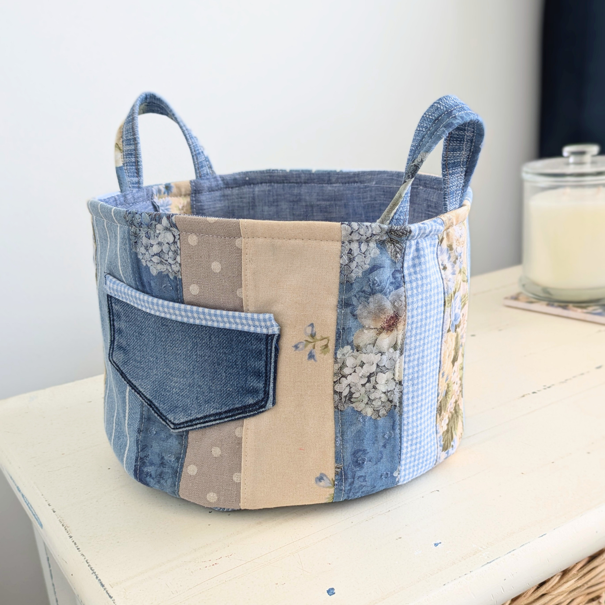 Upcycled Denim, Drawstring Bag, Storage Basket, Blue, Beige