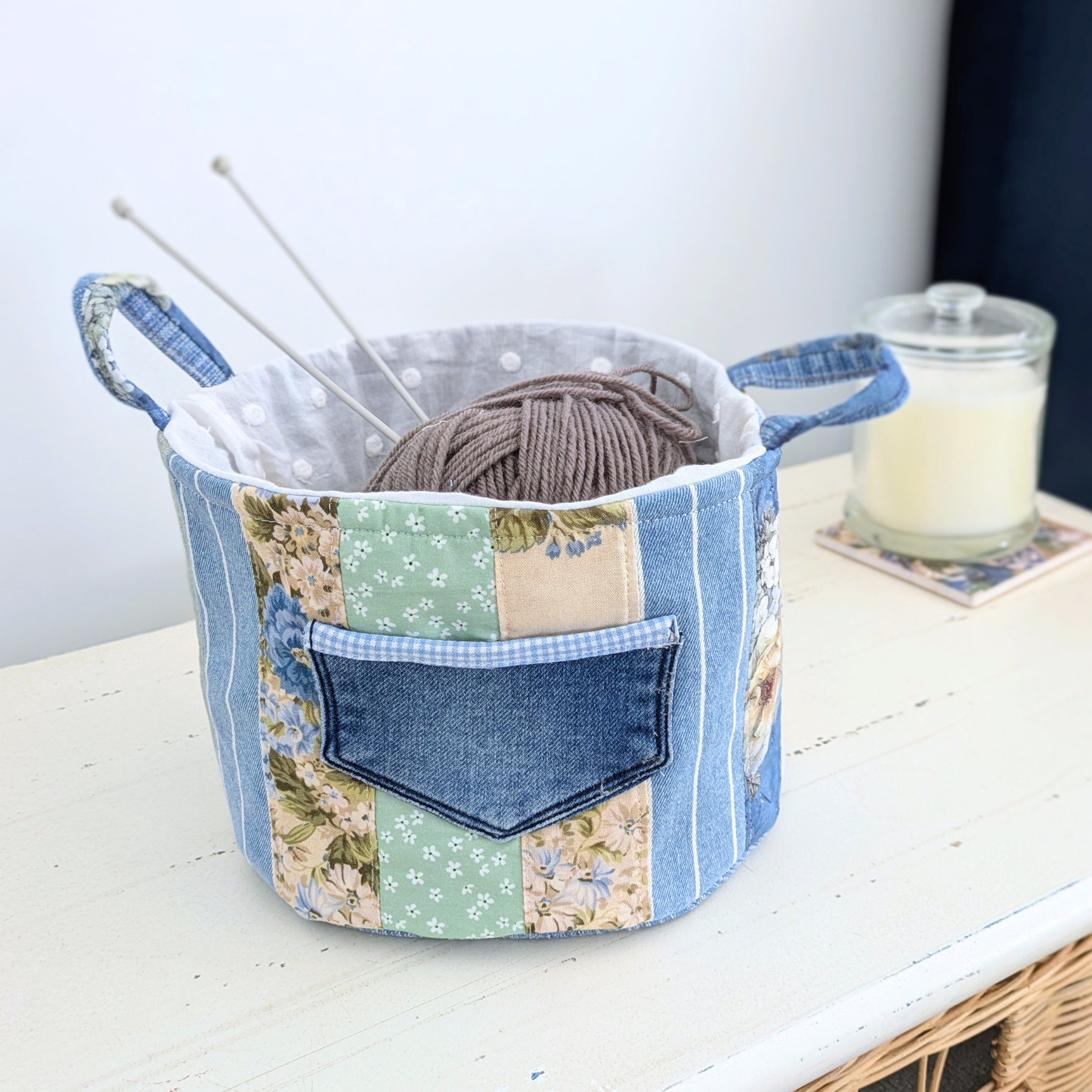 Upcycled Denim, Drawstring Bag, Storage Basket, Blue, Beige