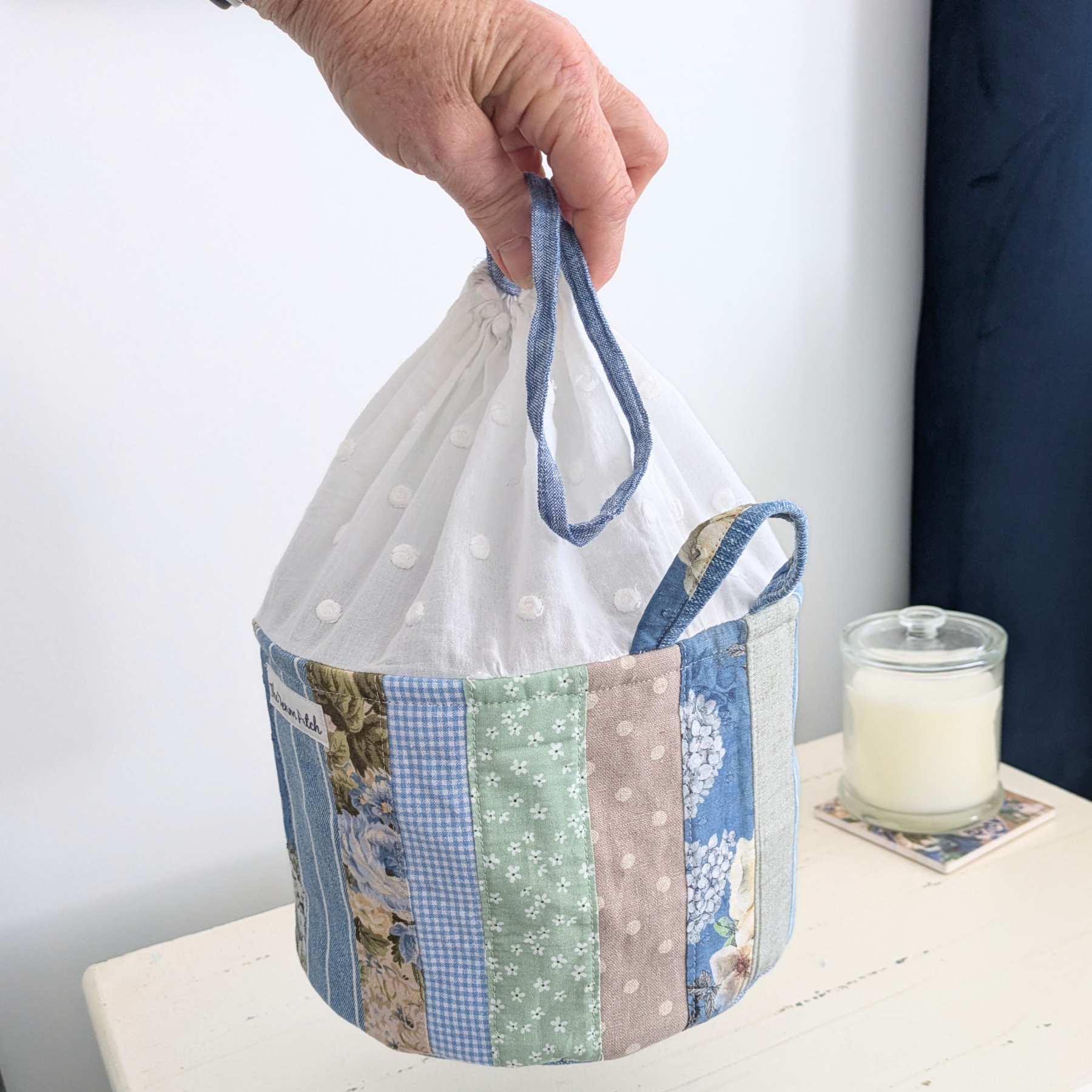 Upcycled Denim, Drawstring Bag, Storage Basket, Blue, Beige