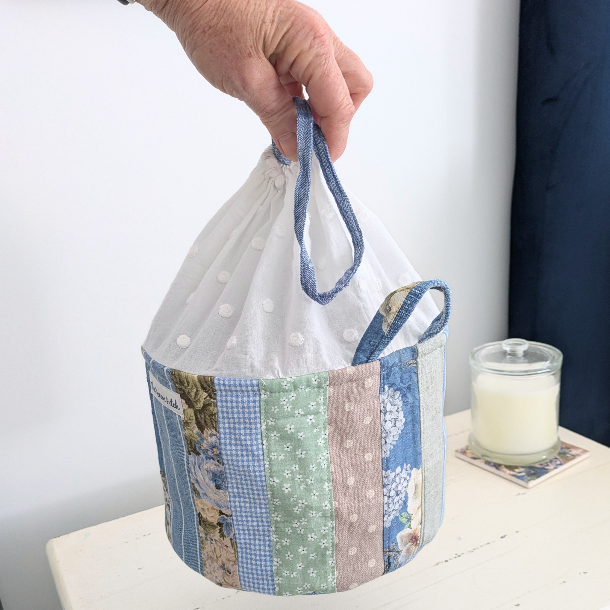 Upcycled Denim, Drawstring Bag, Storage Basket, Blue, Beige