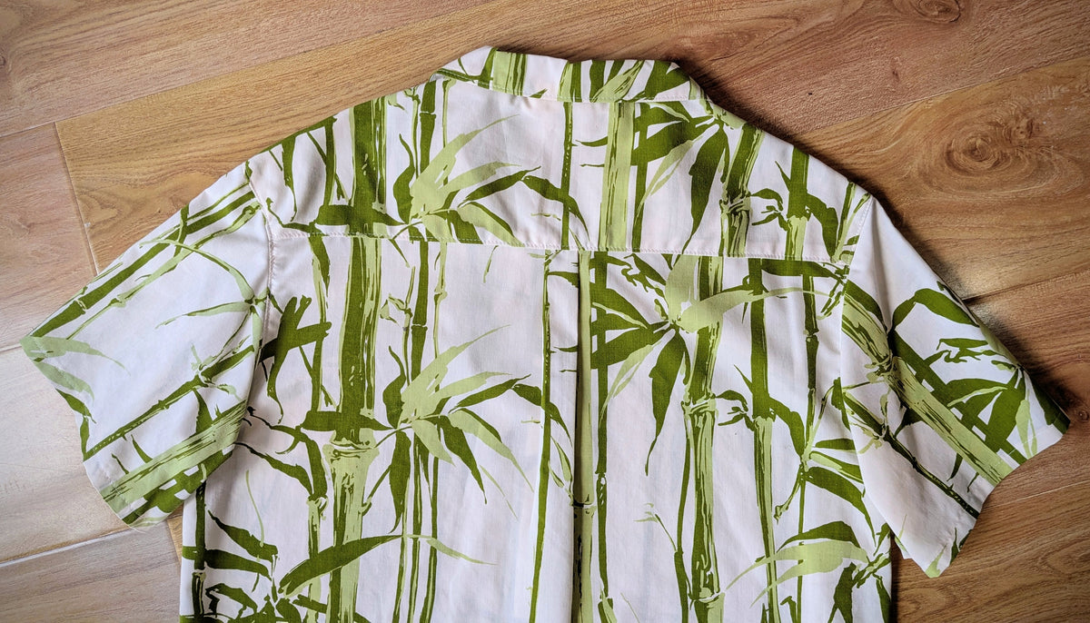 Upcycled Vintage 1970s Cotton Unisex Button-up Shirt (Green Bamboo & White / Size M)