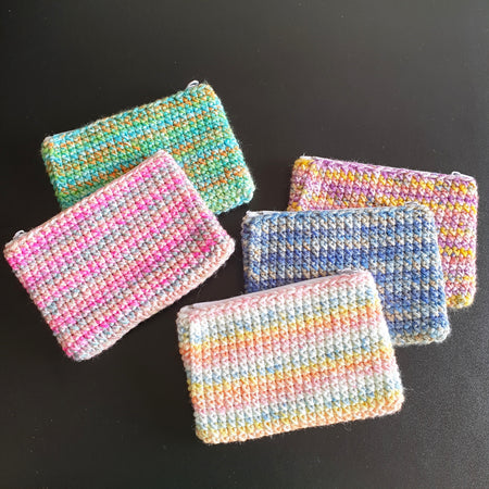 Handmade Crocheting Colourful Zippered Crochet Coin Pouch : Pink Blue Green Purple Mix