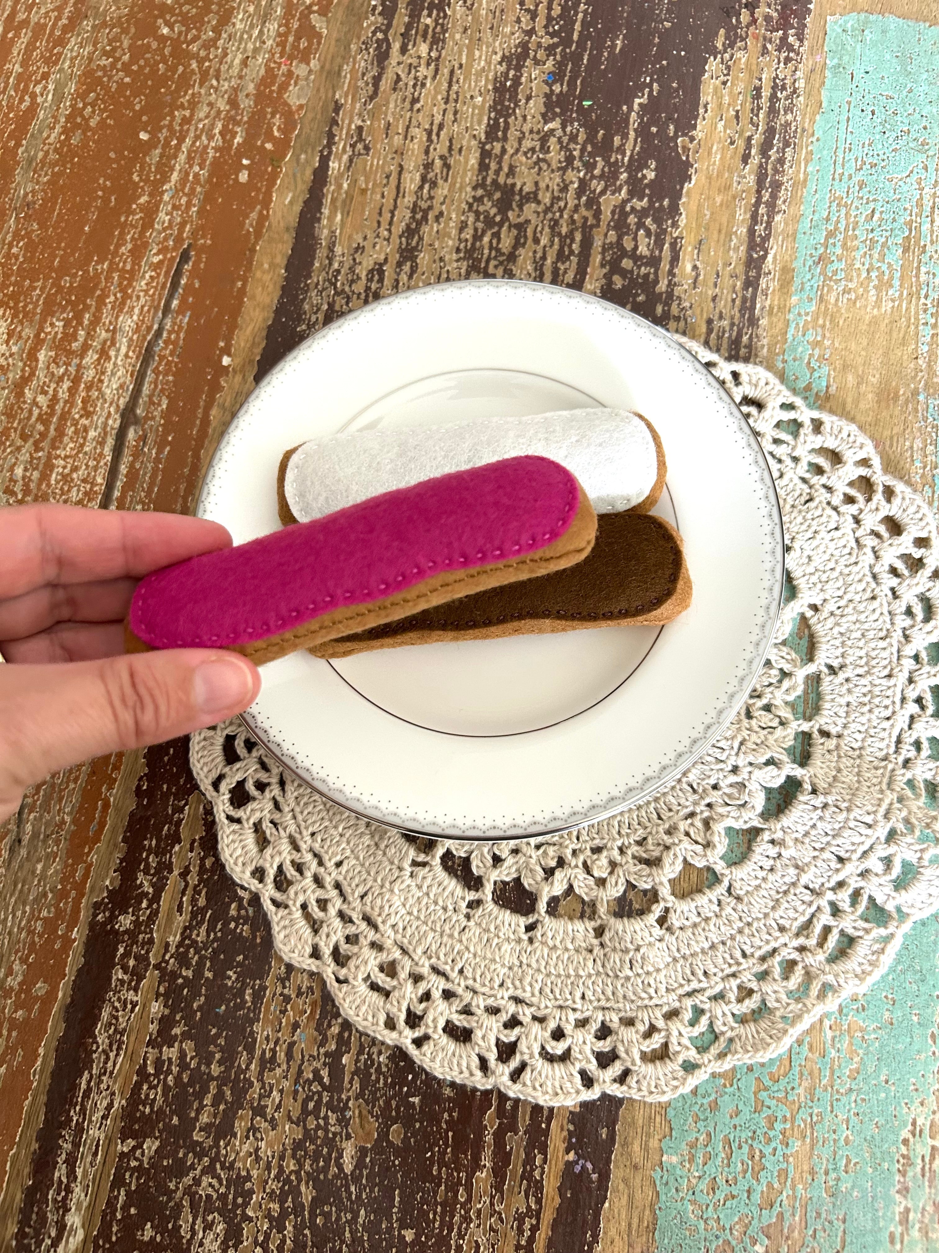 3 Felt eclairs set, dessert, pretend play cafe,  felt play food