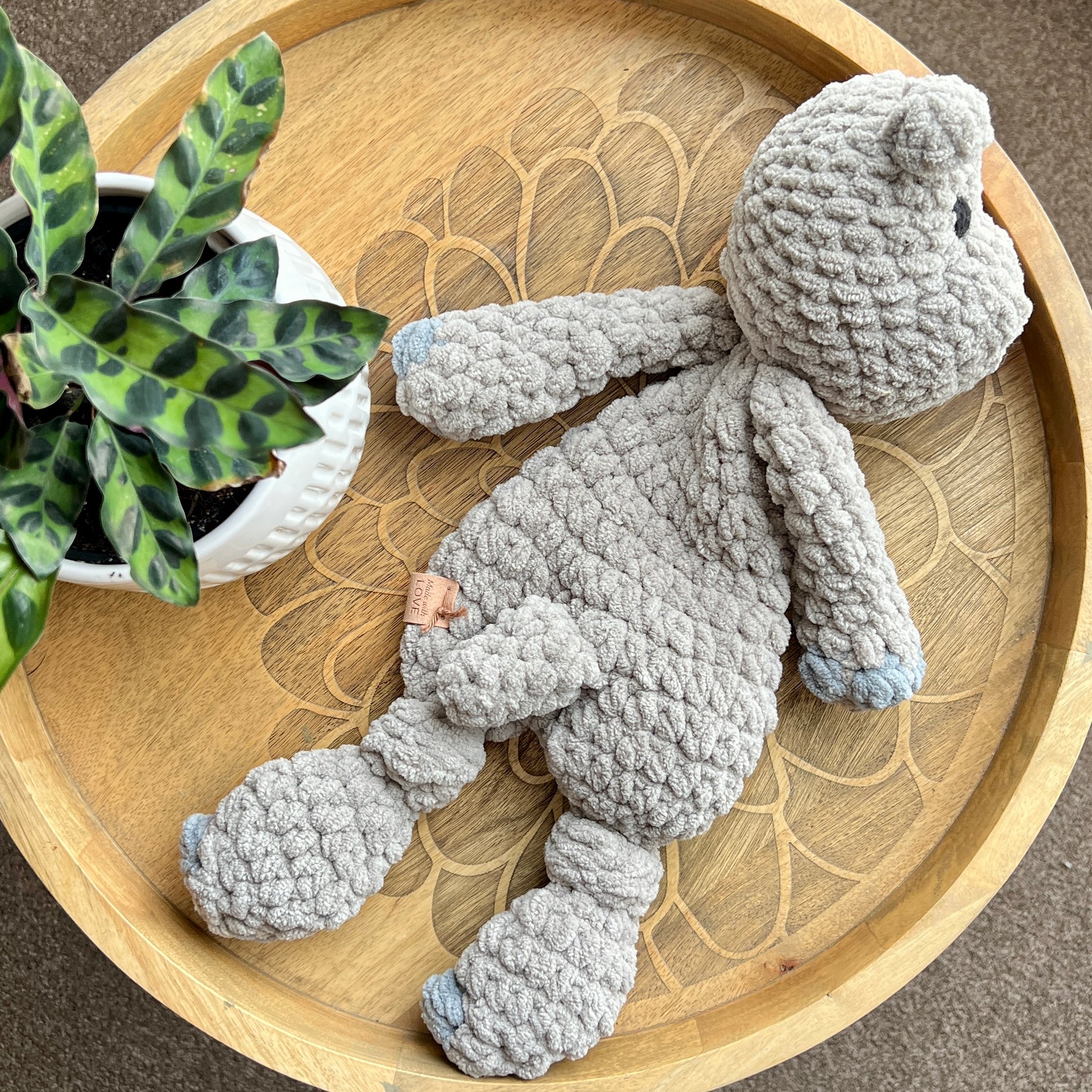 Handmade modern crochet Hippo lovey toy snuggler plushie.