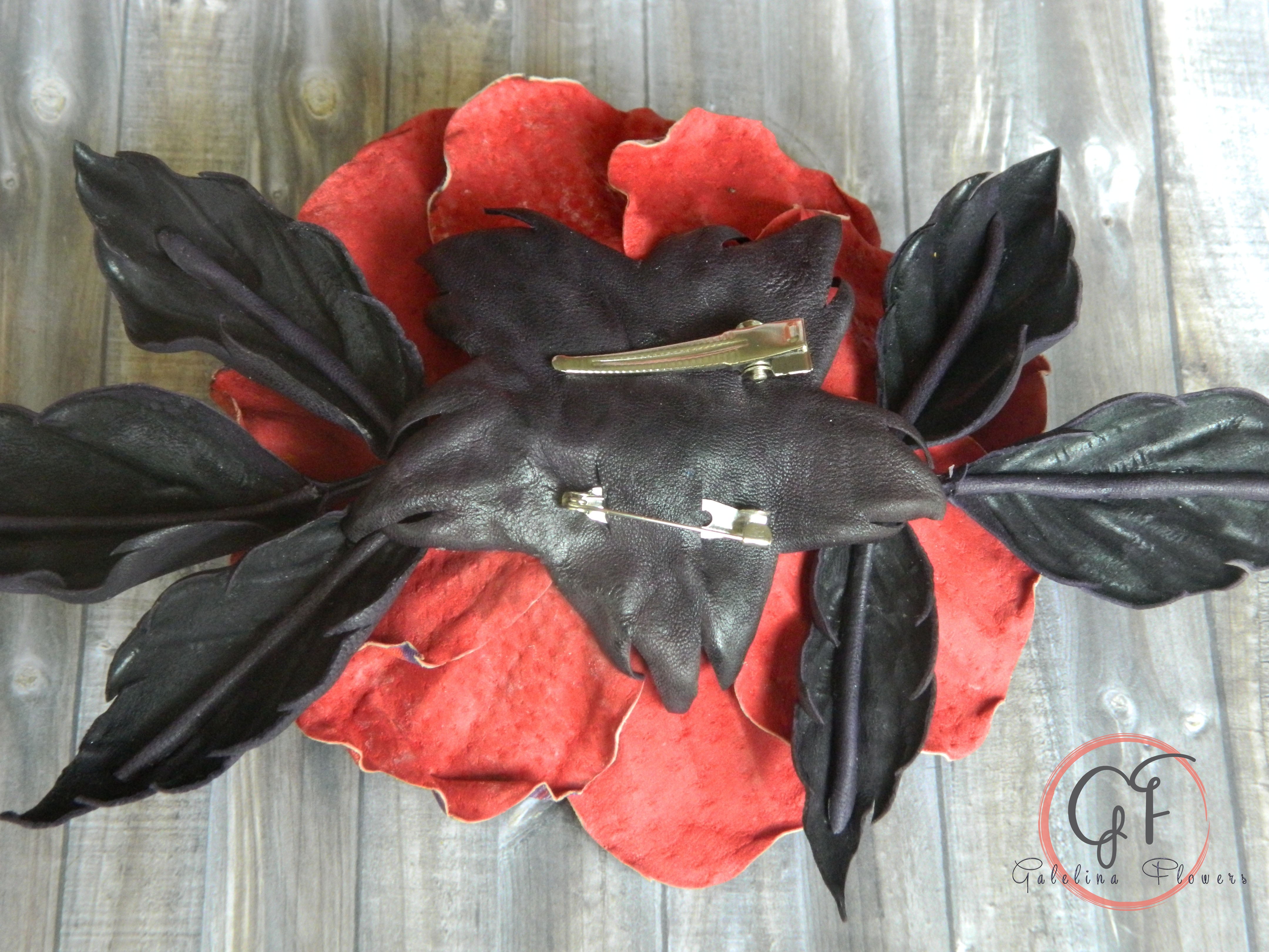 Leather Rose “Marble Flame” , Flower Brooch, Hair Hat clip