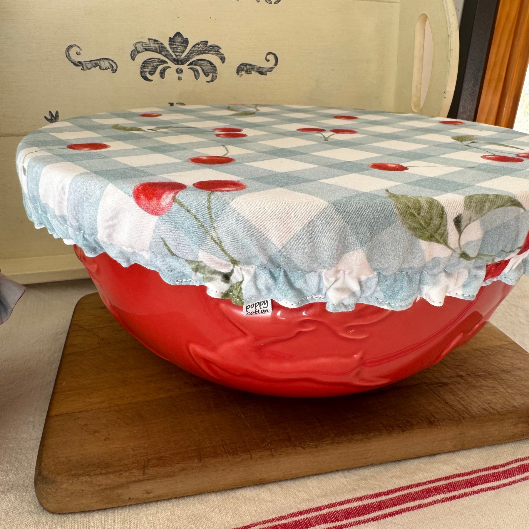 Reversible Cherry Fabric Bowl Cover - Linen / Cotton