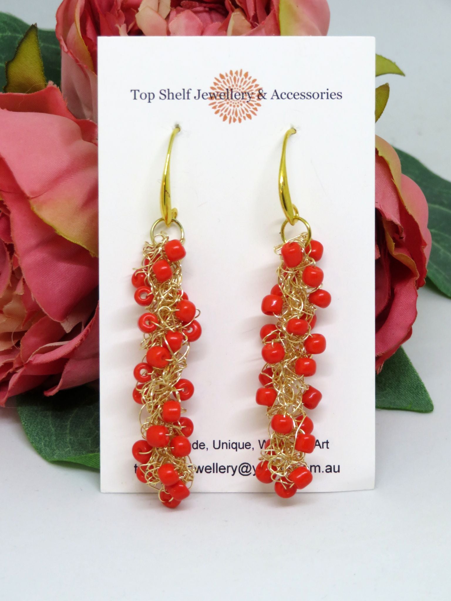 Orange Crochet Wire Beaded Earrings