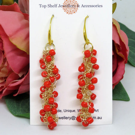 Orange Crochet Wire Beaded Earrings