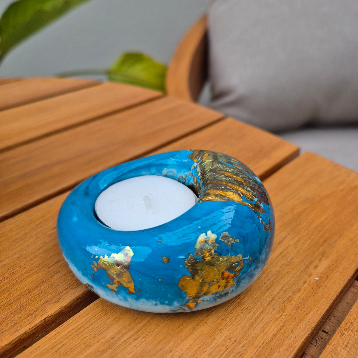 Teal and gold eco-stone pebble shaped tealight candle holder