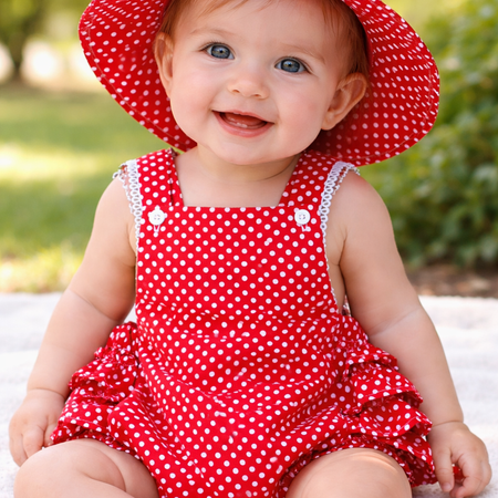 Red Polka Dot Baby Ruffle Romper & Matching Sun Hat Set – Handmade Girls Summer Outfit