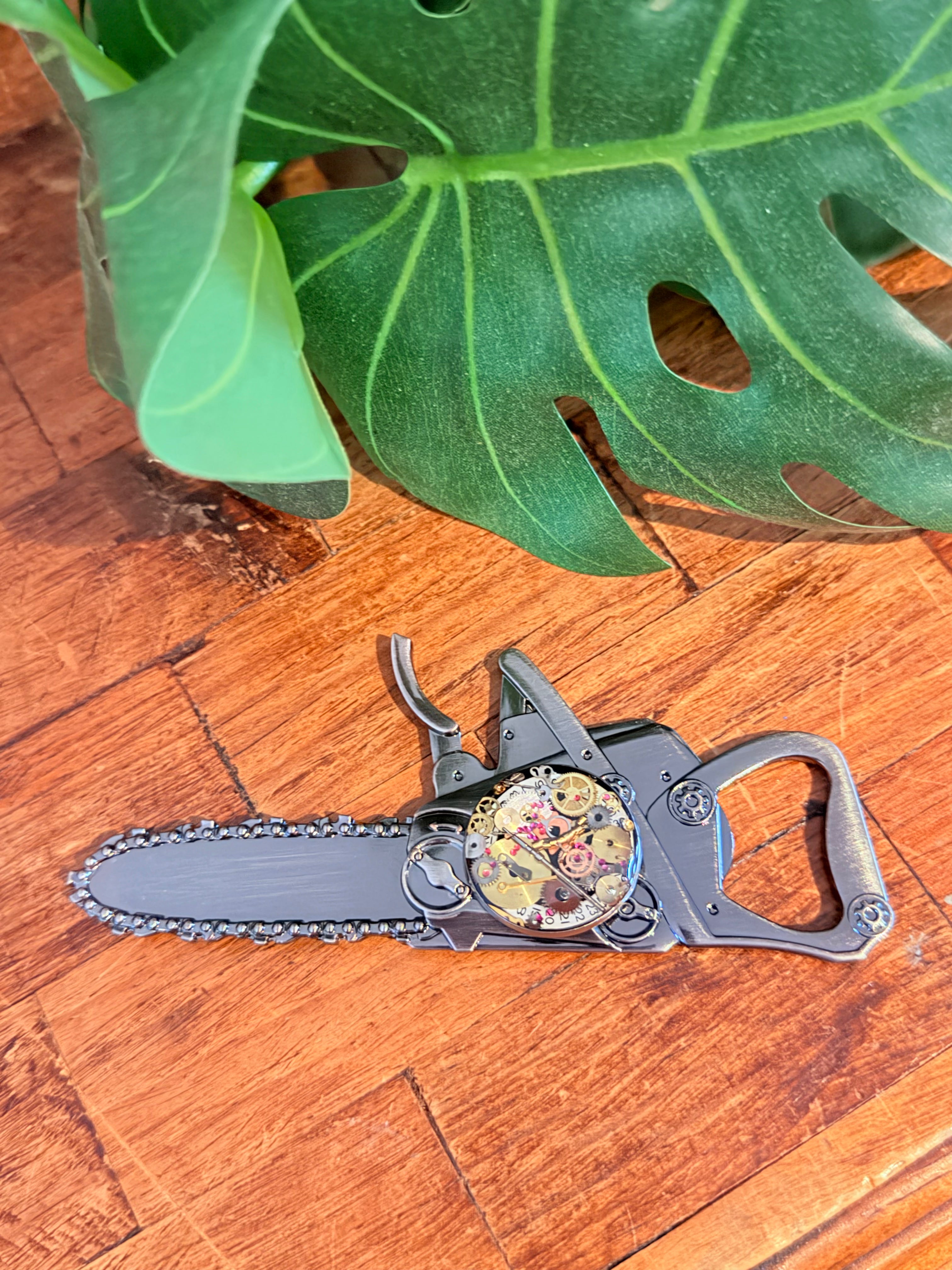 Steampunk watch parts  bottle opener (Chain Saw)