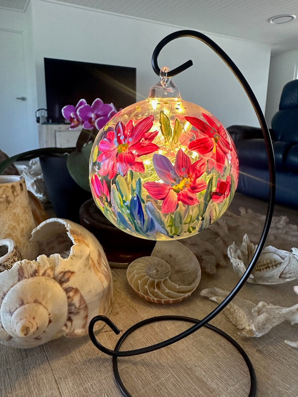 Glass Hanging Candle Holder Hand Painted With Pink Blooms