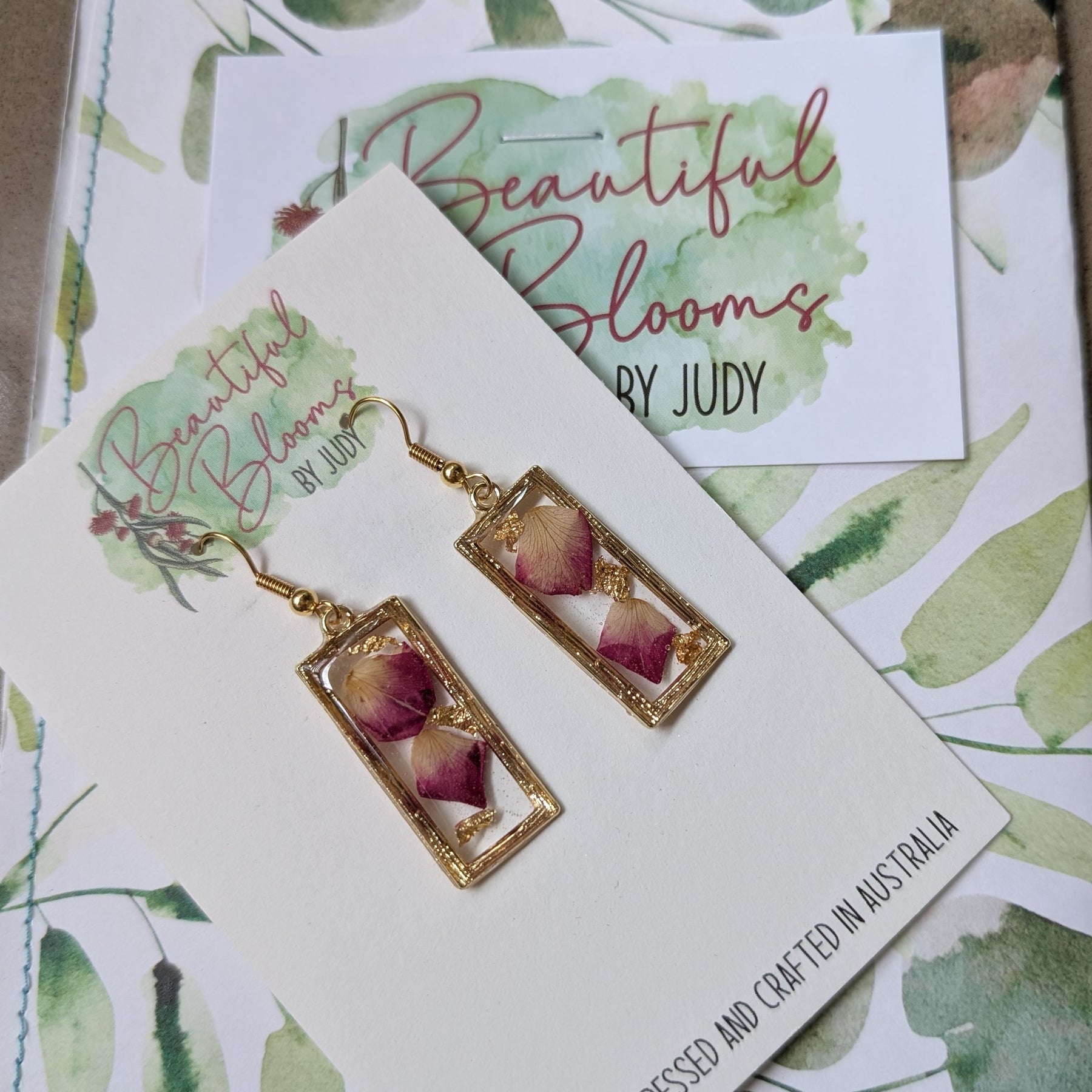 Pink Rose Petal old Rectangular Dangle Earrings